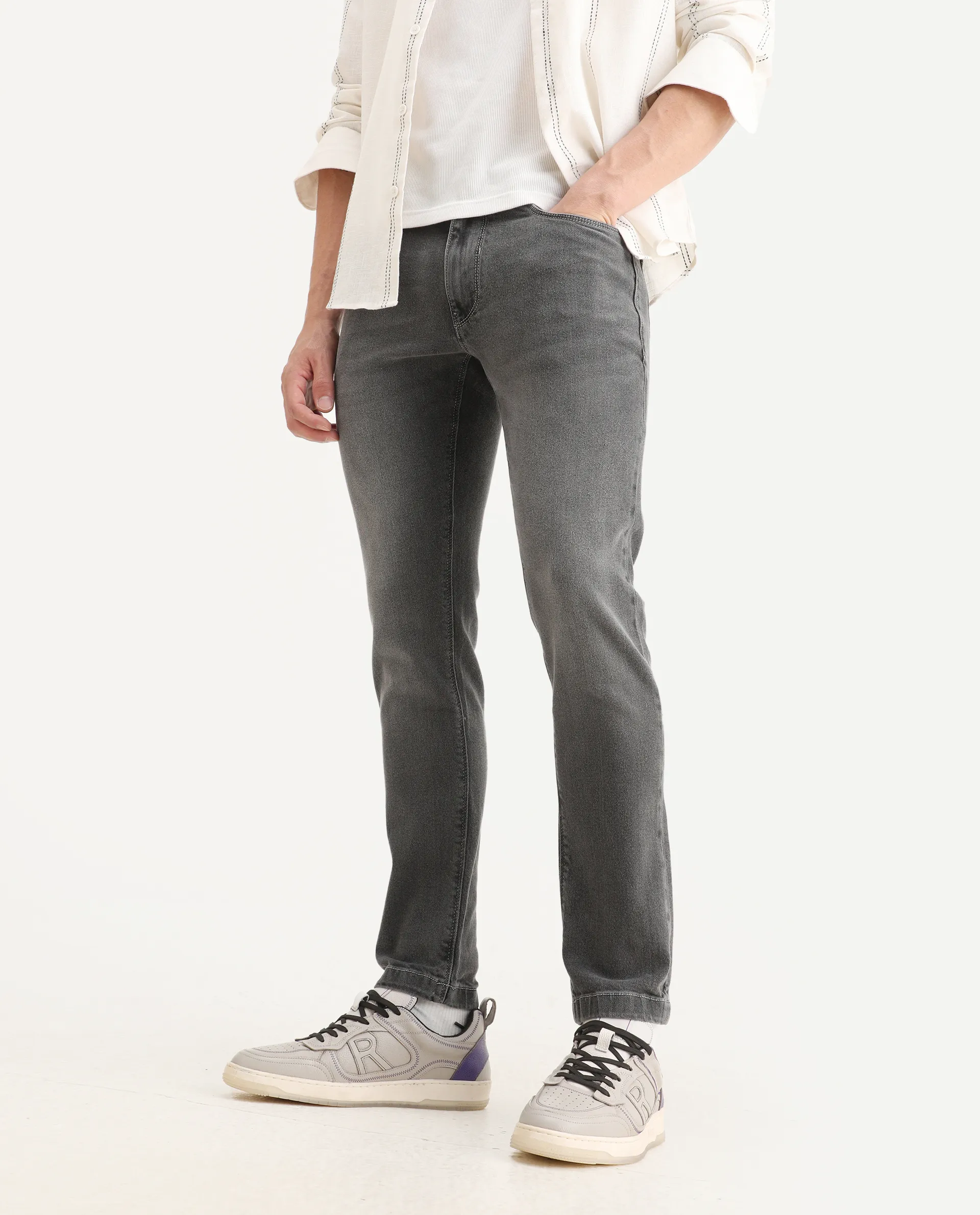 Rare Rabbit Men's Divi Light Grey Cotton Plain Hawk Slim Fit Jeans - Image 2