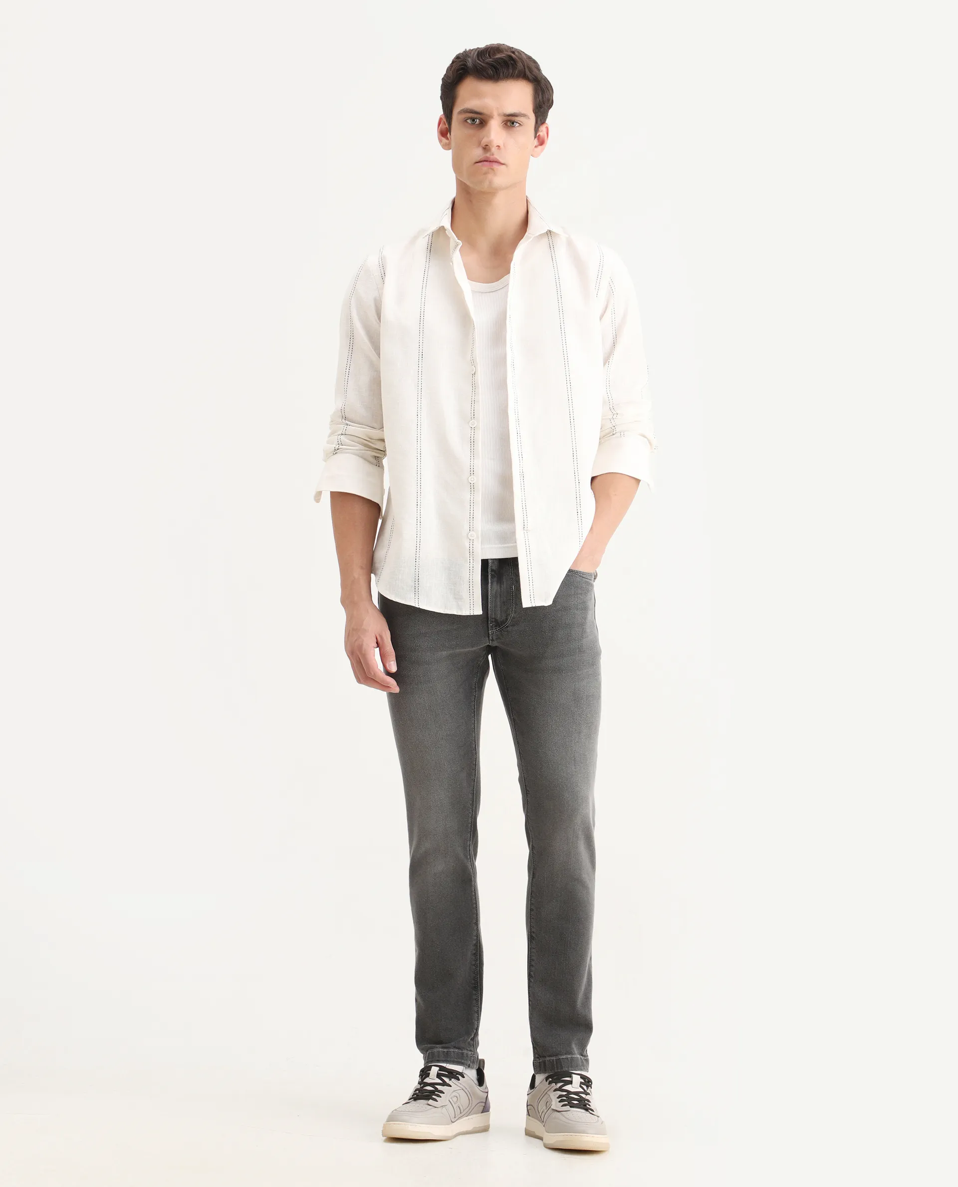 Rare Rabbit Men's Divi Light Grey Cotton Plain Hawk Slim Fit Jeans - Image 4