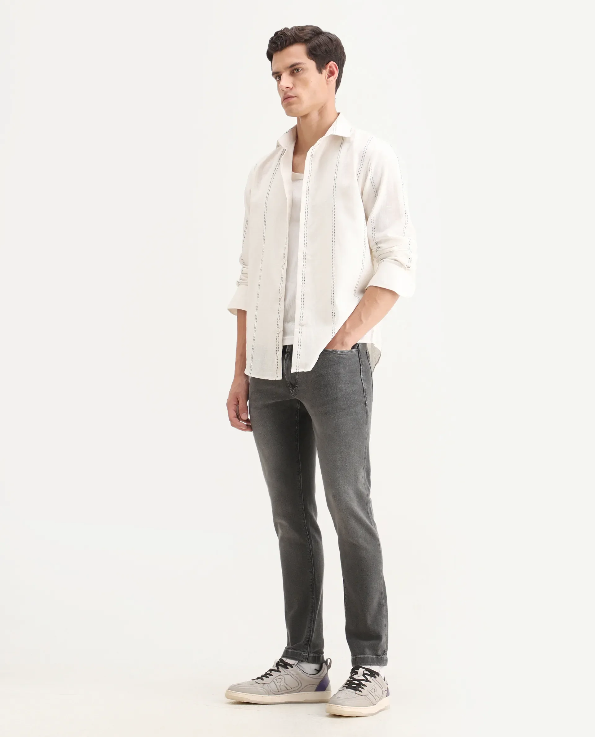 Rare Rabbit Men's Divi Light Grey Cotton Plain Hawk Slim Fit Jeans - Image 5