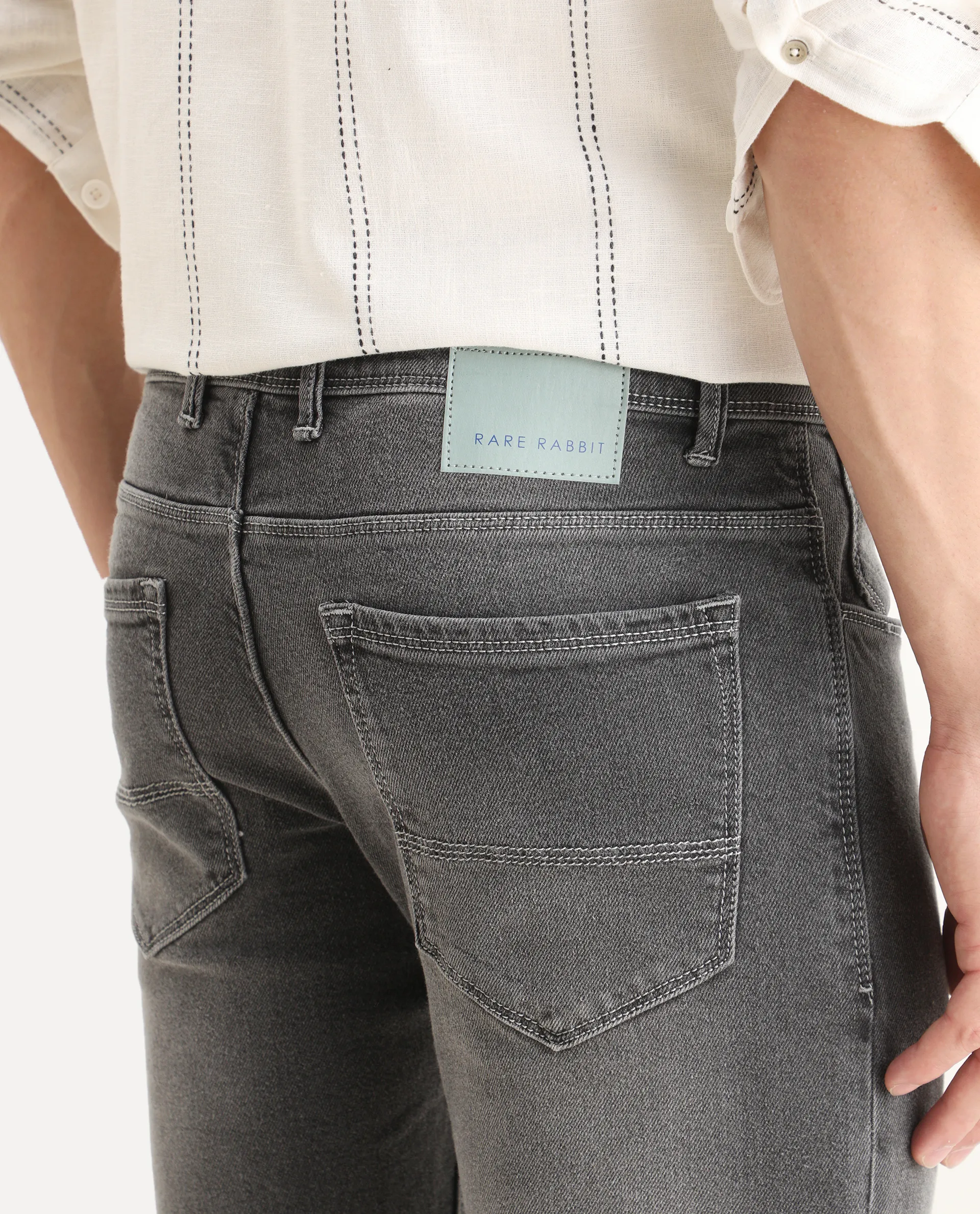 Rare Rabbit Men's Divi Light Grey Cotton Plain Hawk Slim Fit Jeans - Image 6