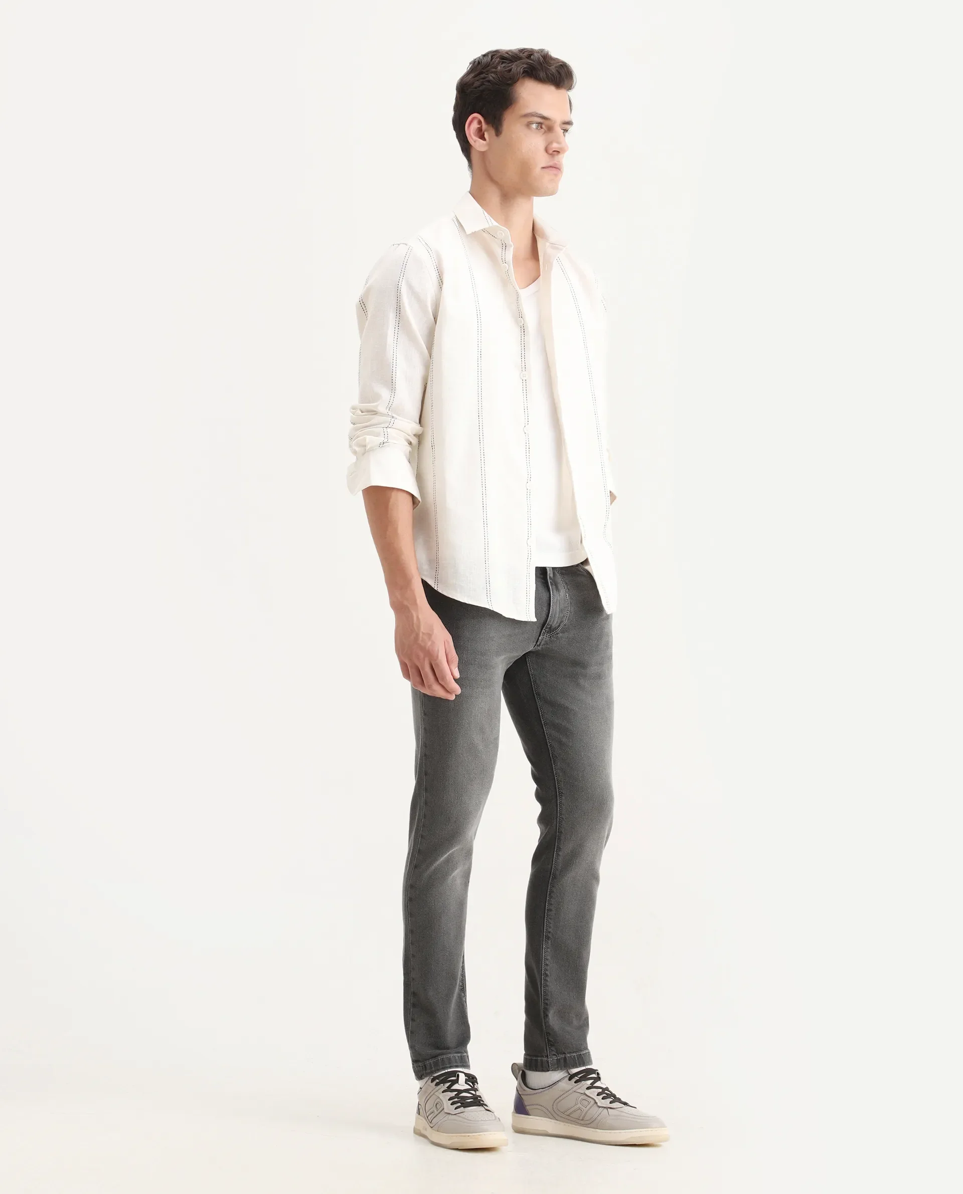 Rare Rabbit Men's Divi Light Grey Cotton Plain Hawk Slim Fit Jeans - Image 7