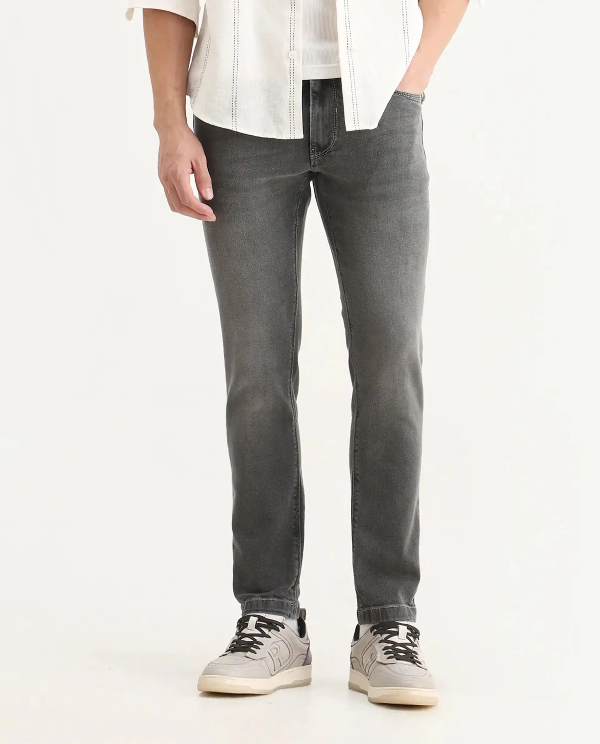 Rare Rabbit Men's Divi Light Grey Cotton Plain Hawk Slim Fit Jeans - Image 9