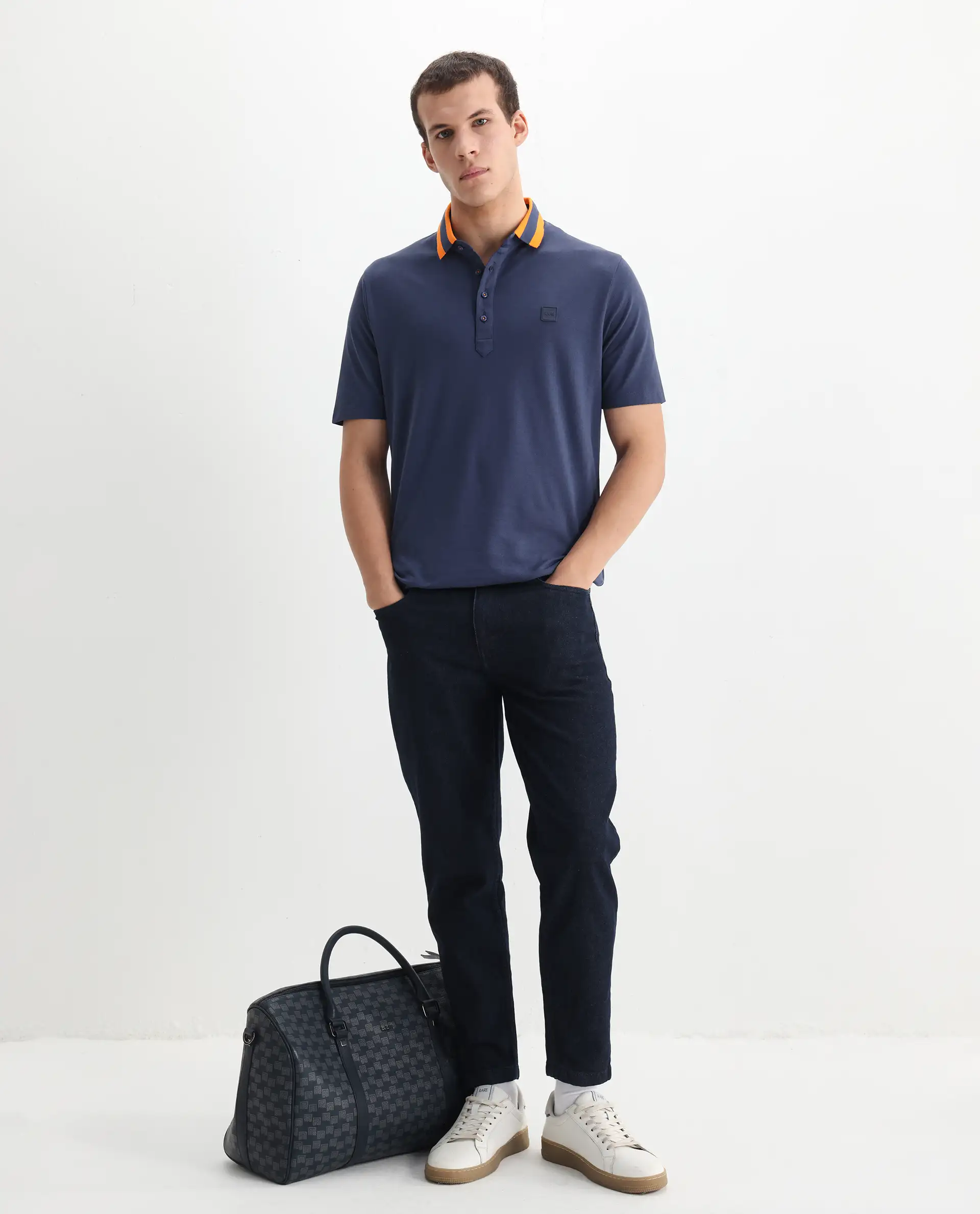 Rare Rabbit Men's Divide Dark Blue Cotton Plain Regular Fit Half Sleeve Polo - Image 2