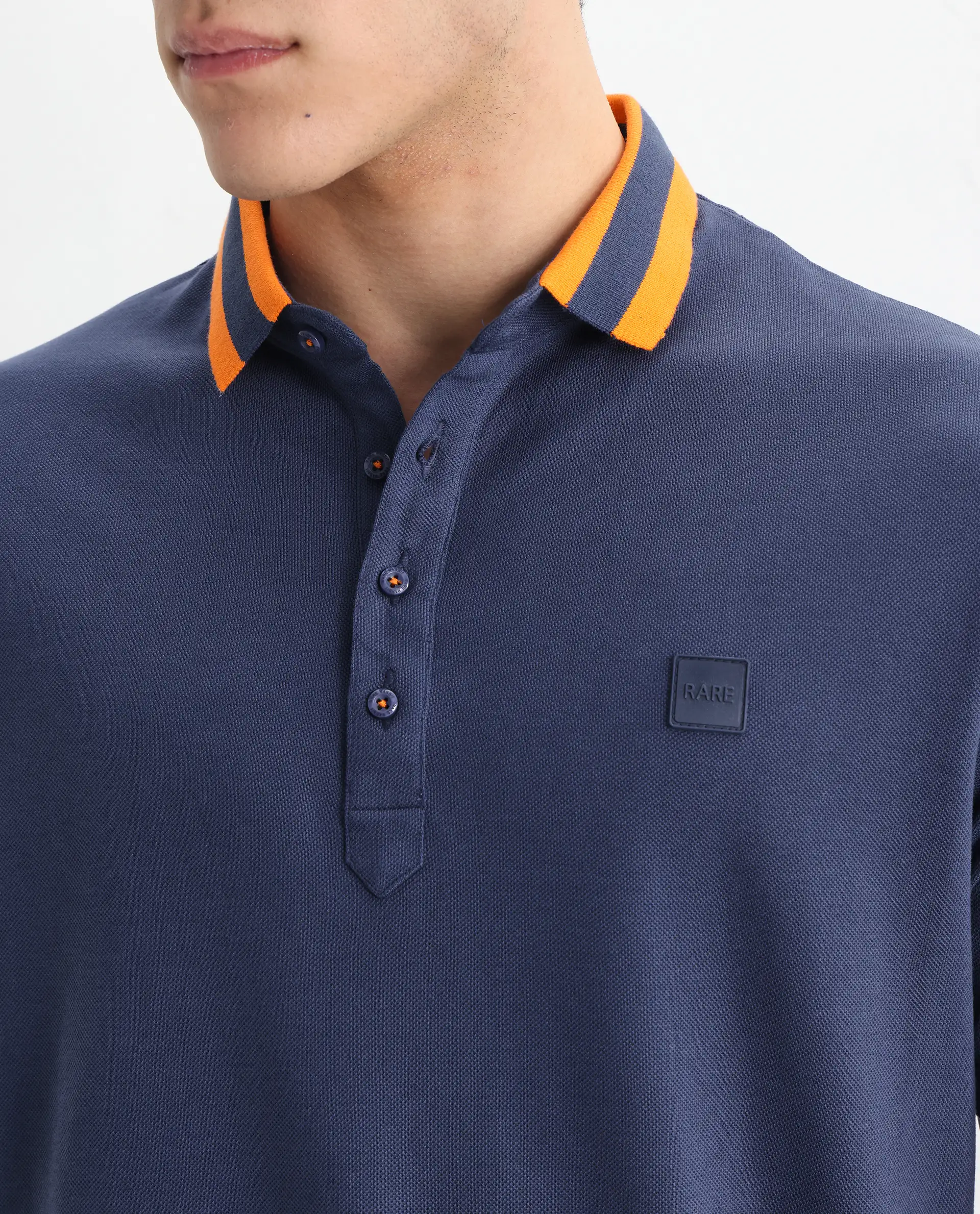 Rare Rabbit Men's Divide Dark Blue Cotton Plain Regular Fit Half Sleeve Polo - Image 3