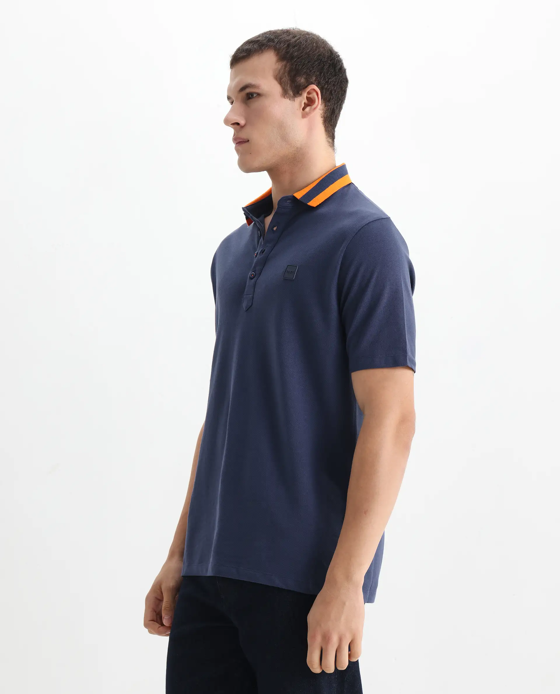 Rare Rabbit Men's Divide Dark Blue Cotton Plain Regular Fit Half Sleeve Polo - Image 4