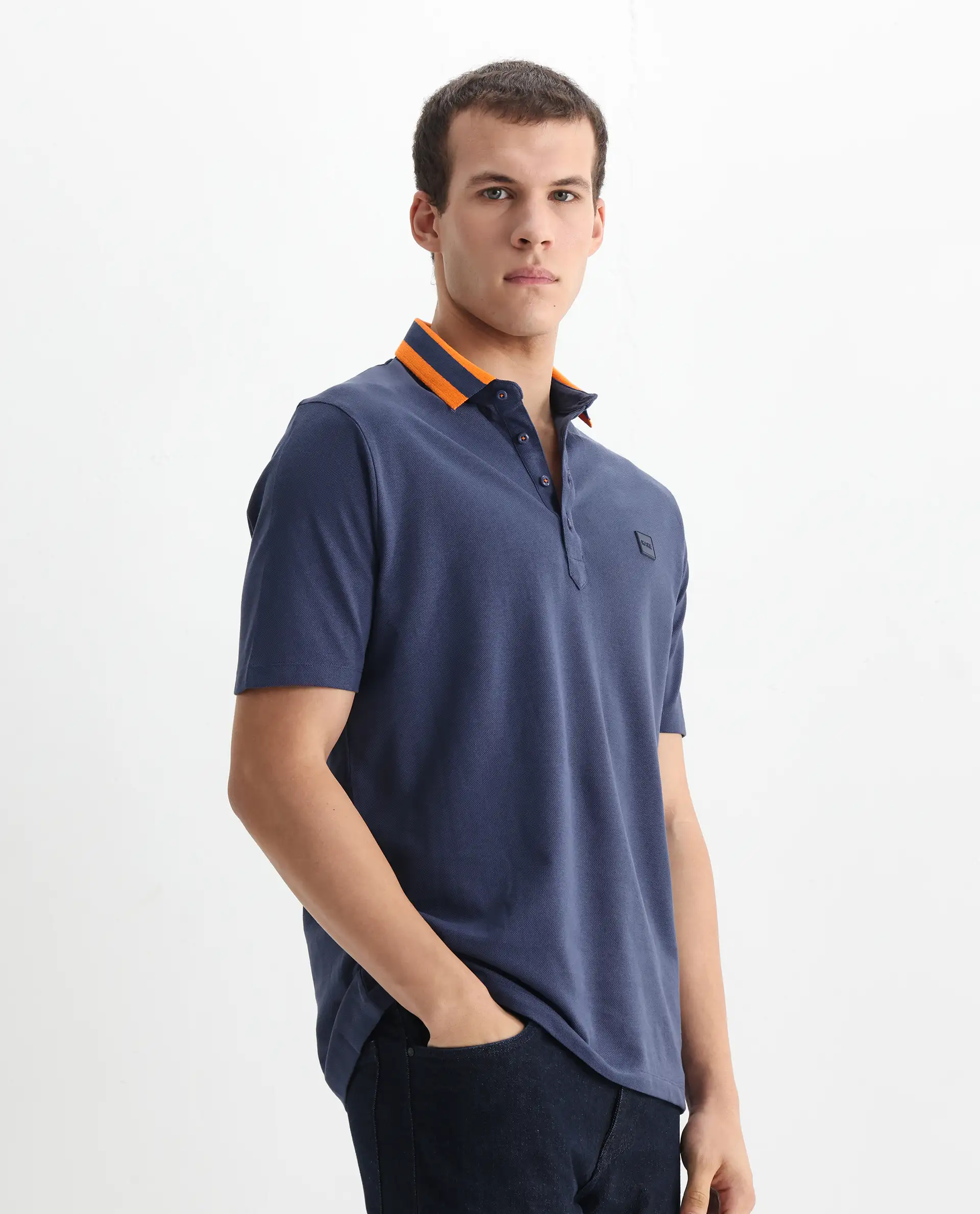 Rare Rabbit Men's Divide Dark Blue Cotton Plain Regular Fit Half Sleeve Polo - Image 5