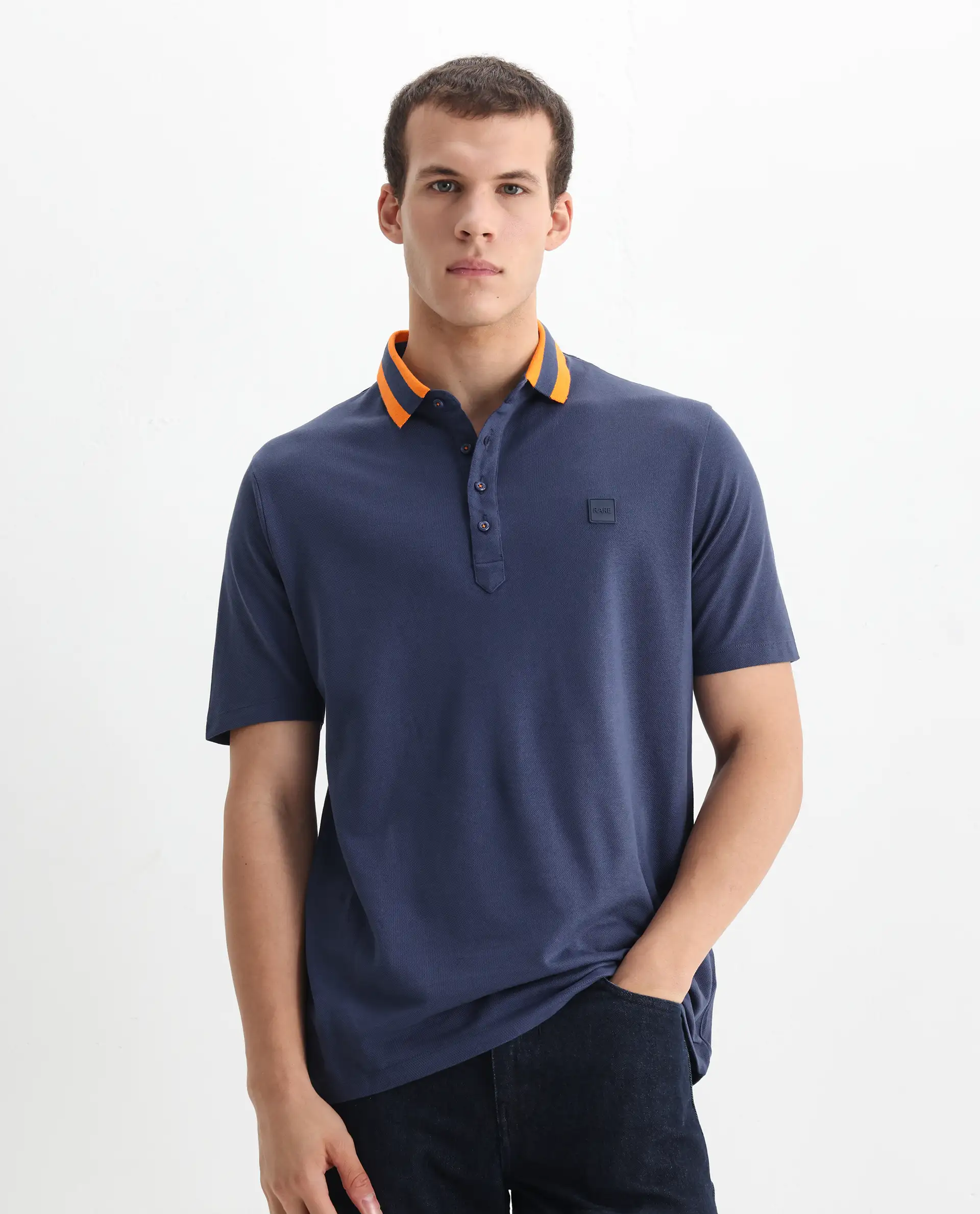 Rare Rabbit Men's Divide Dark Blue Cotton Plain Regular Fit Half Sleeve Polo - Image 6