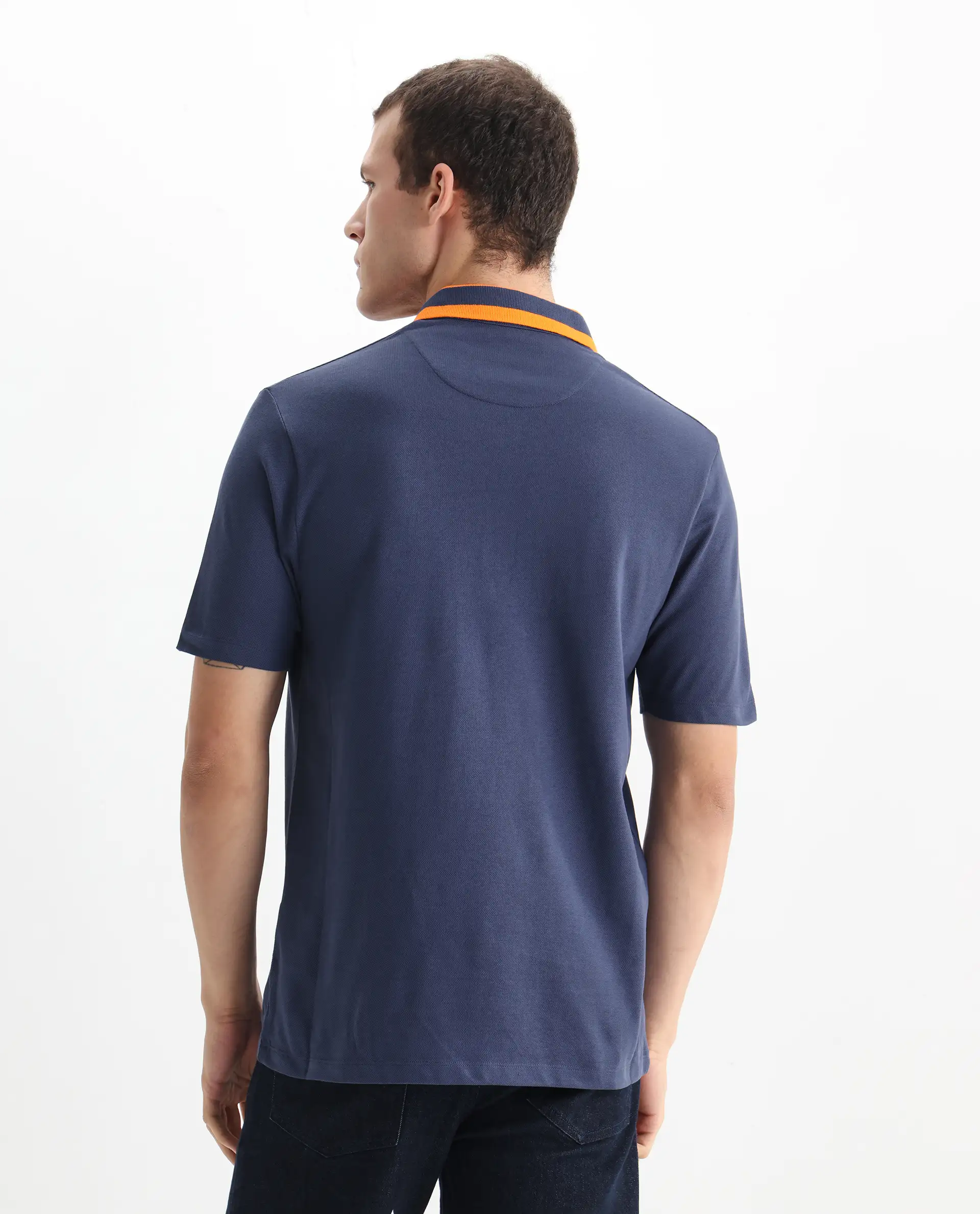 Rare Rabbit Men's Divide Dark Blue Cotton Plain Regular Fit Half Sleeve Polo - Image 7