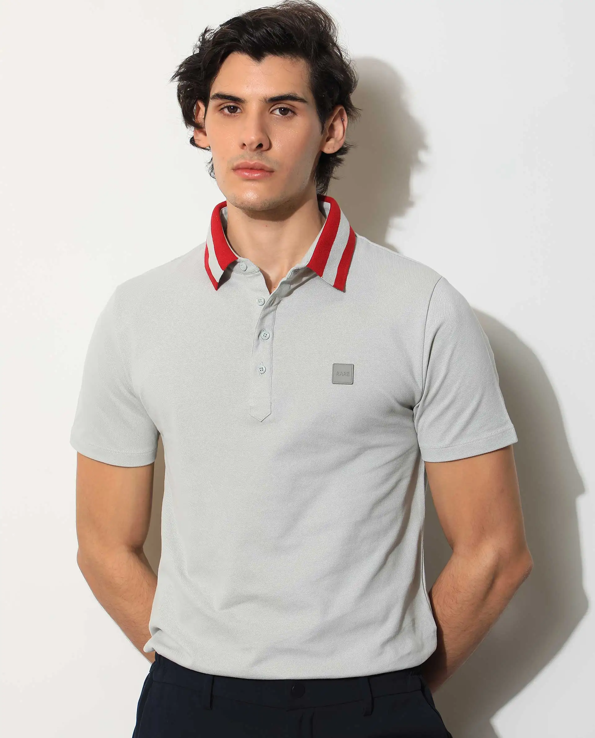 Rare Rabbit Men's Divide Light Grey Cotton Plain Regular Fit Half Sleeve Polo
