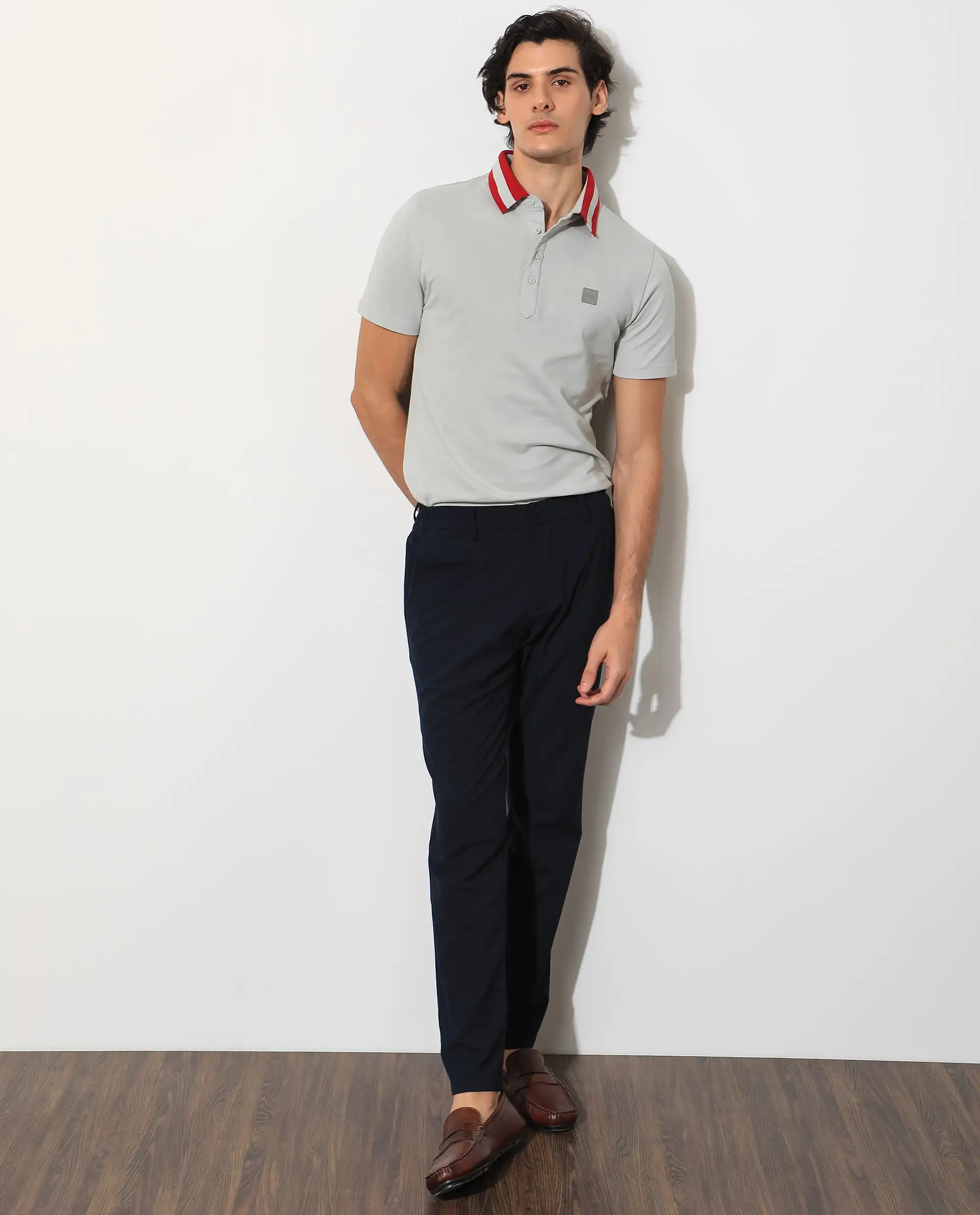 Rare Rabbit Men's Divide Light Grey Cotton Plain Regular Fit Half Sleeve Polo - Image 2