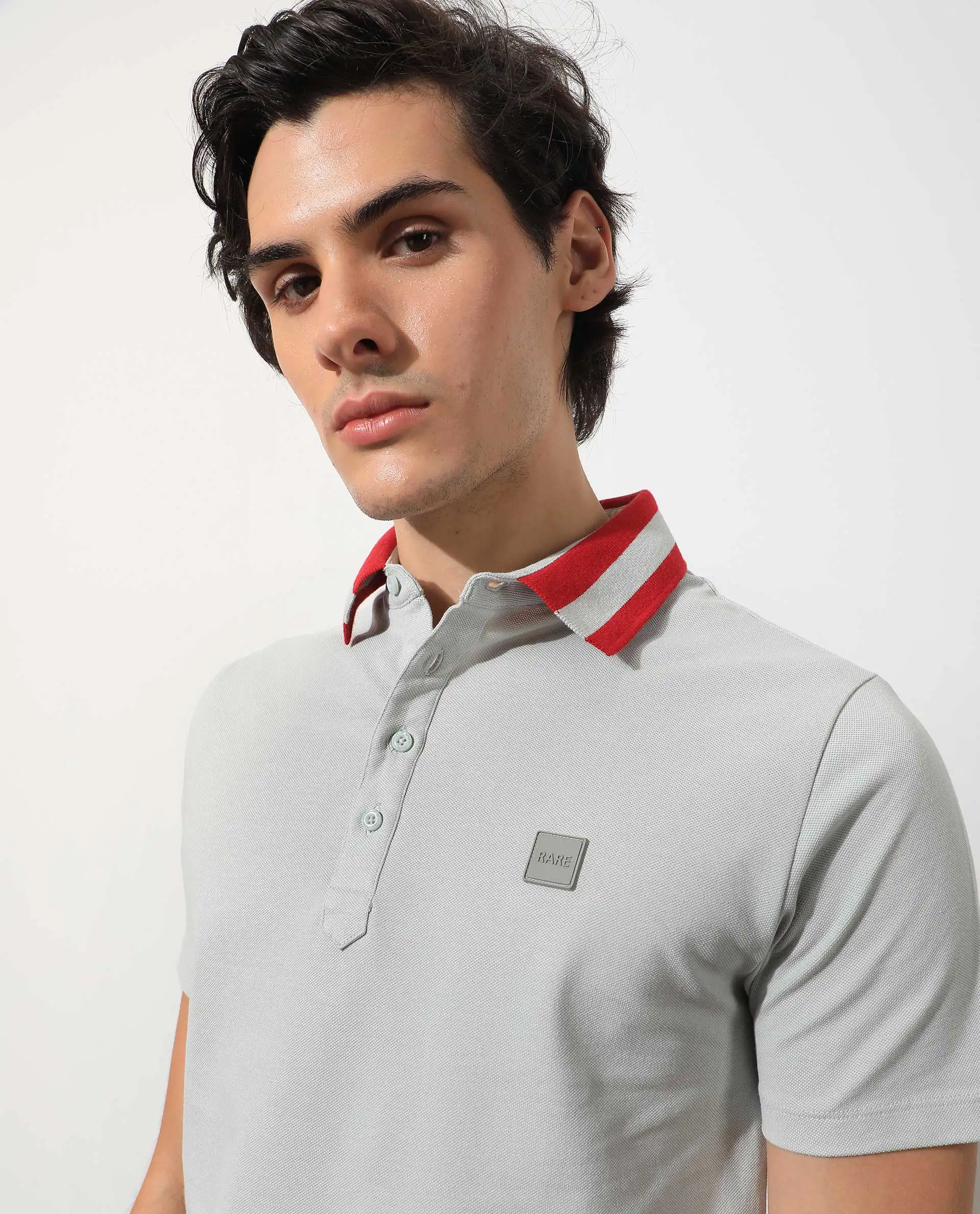 Rare Rabbit Men's Divide Light Grey Cotton Plain Regular Fit Half Sleeve Polo - Image 3
