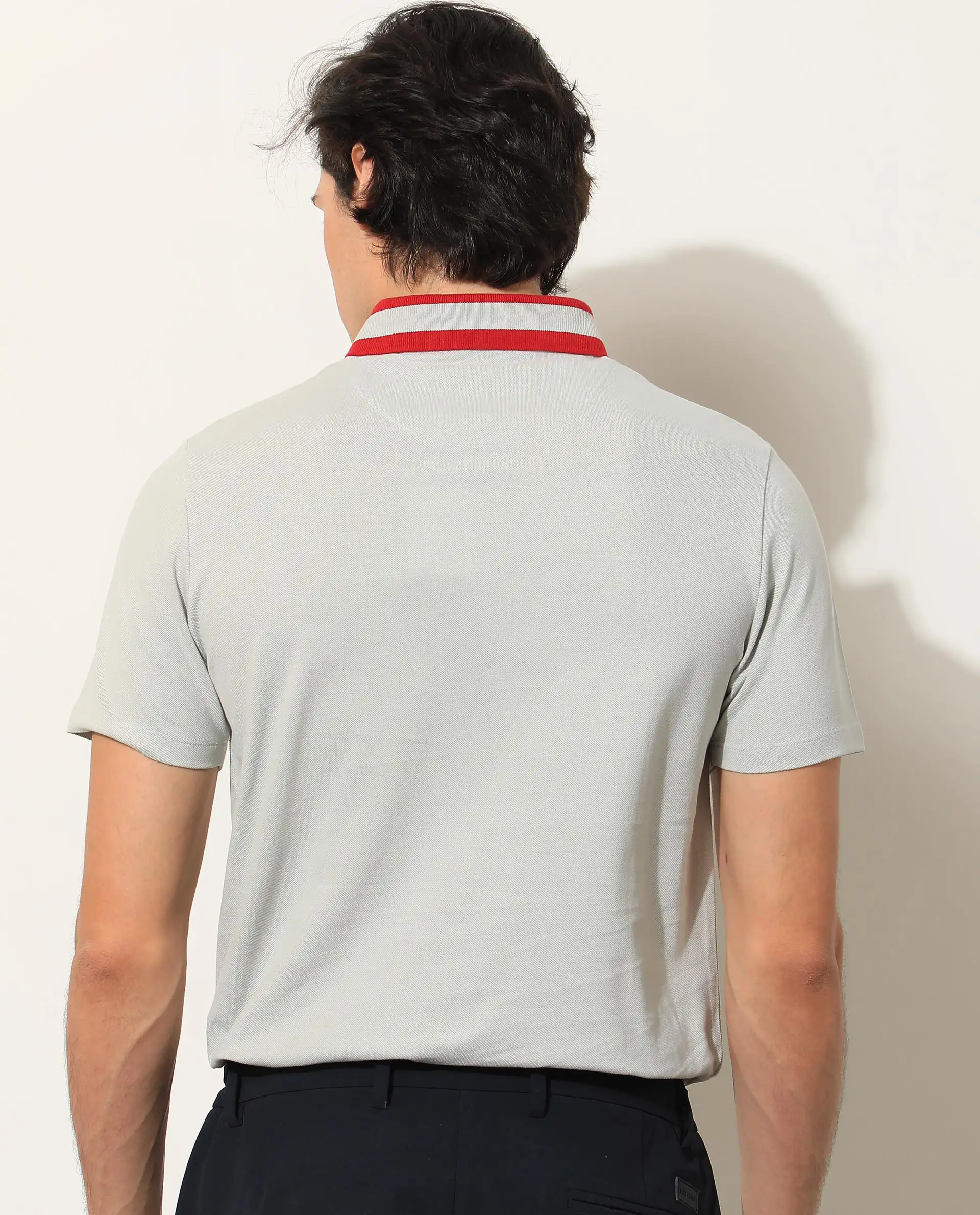 Rare Rabbit Men's Divide Light Grey Cotton Plain Regular Fit Half Sleeve Polo - Image 4