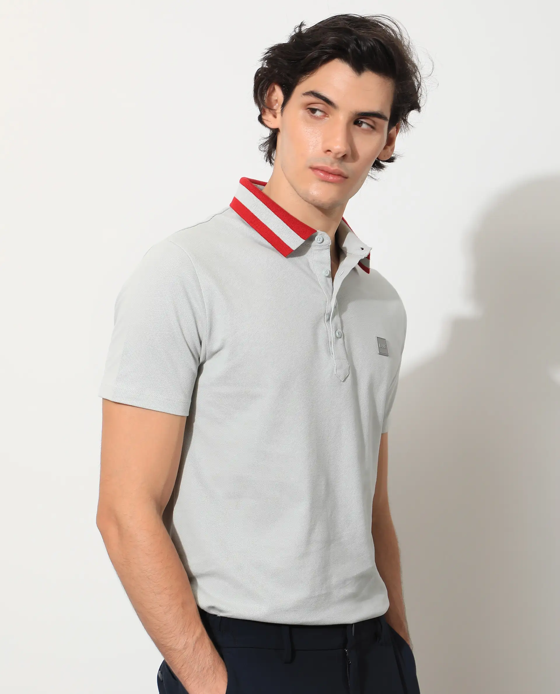 Rare Rabbit Men's Divide Light Grey Cotton Plain Regular Fit Half Sleeve Polo - Image 5