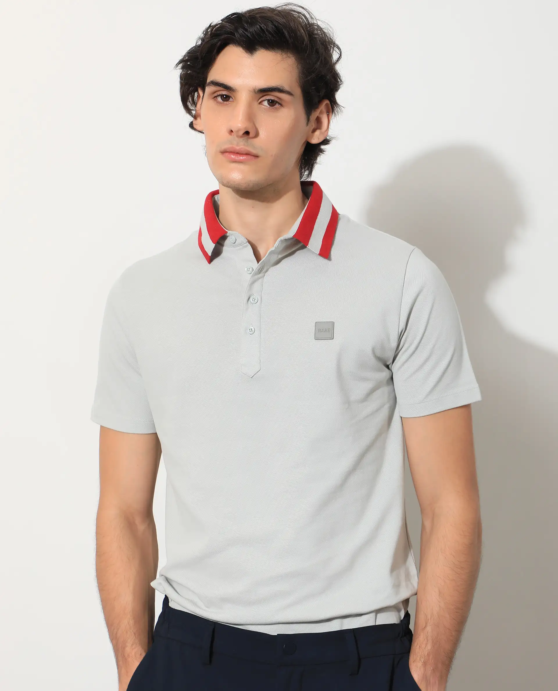 Rare Rabbit Men's Divide Light Grey Cotton Plain Regular Fit Half Sleeve Polo - Image 6