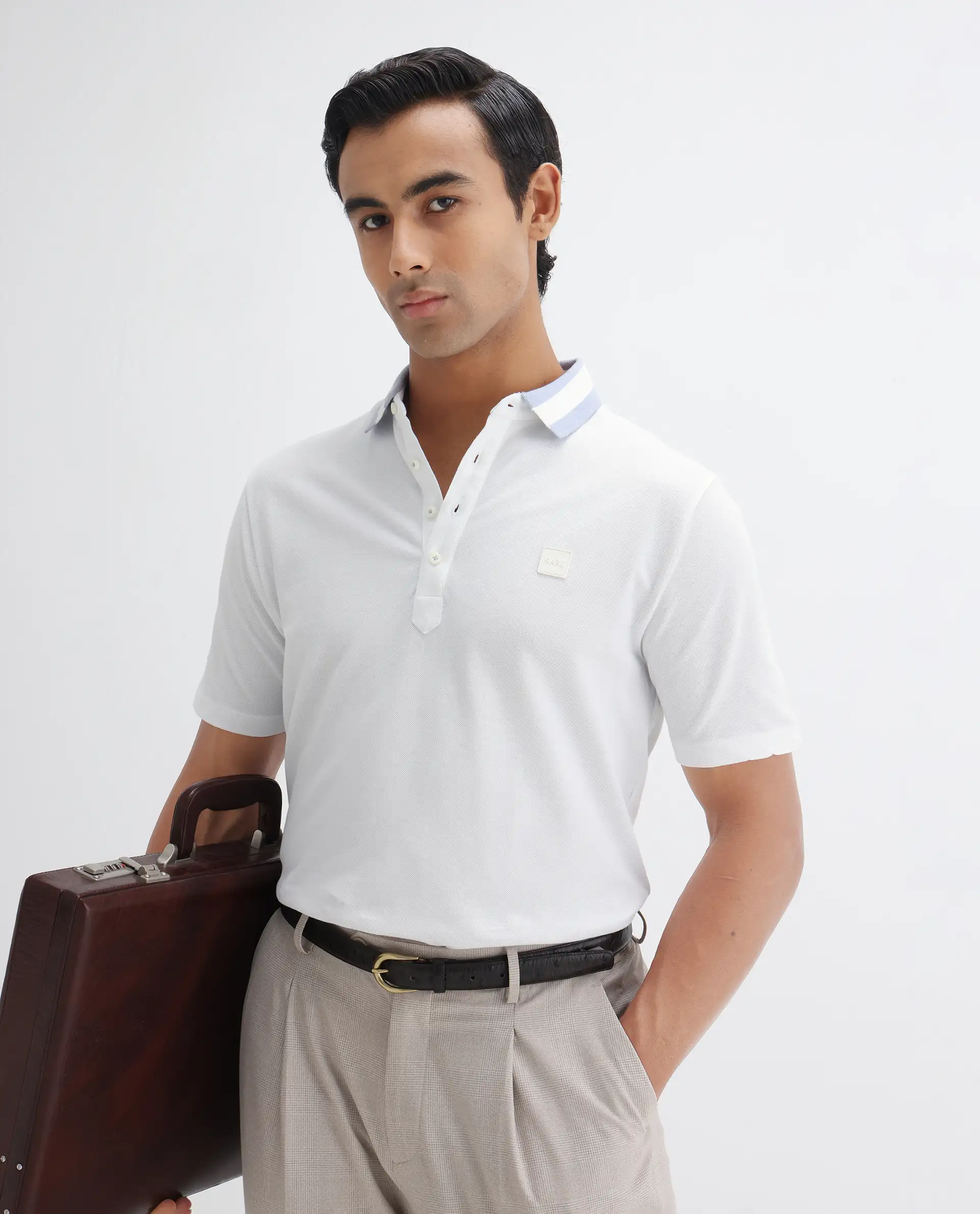 Rare Rabbit Men's Divide White Cotton Plain Regular Fit Half Sleeve Polo