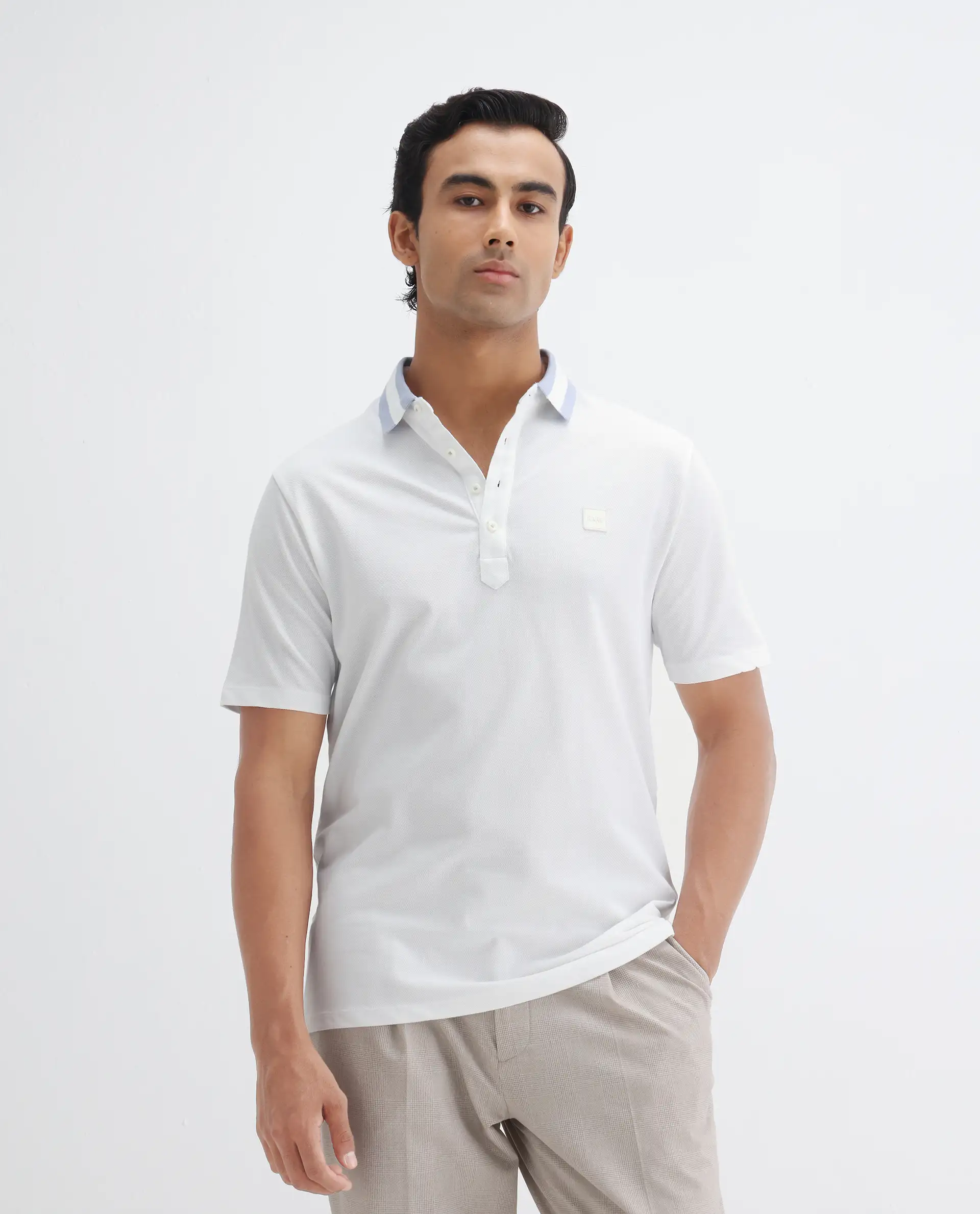 Rare Rabbit Men's Divide White Cotton Plain Regular Fit Half Sleeve Polo - Image 4