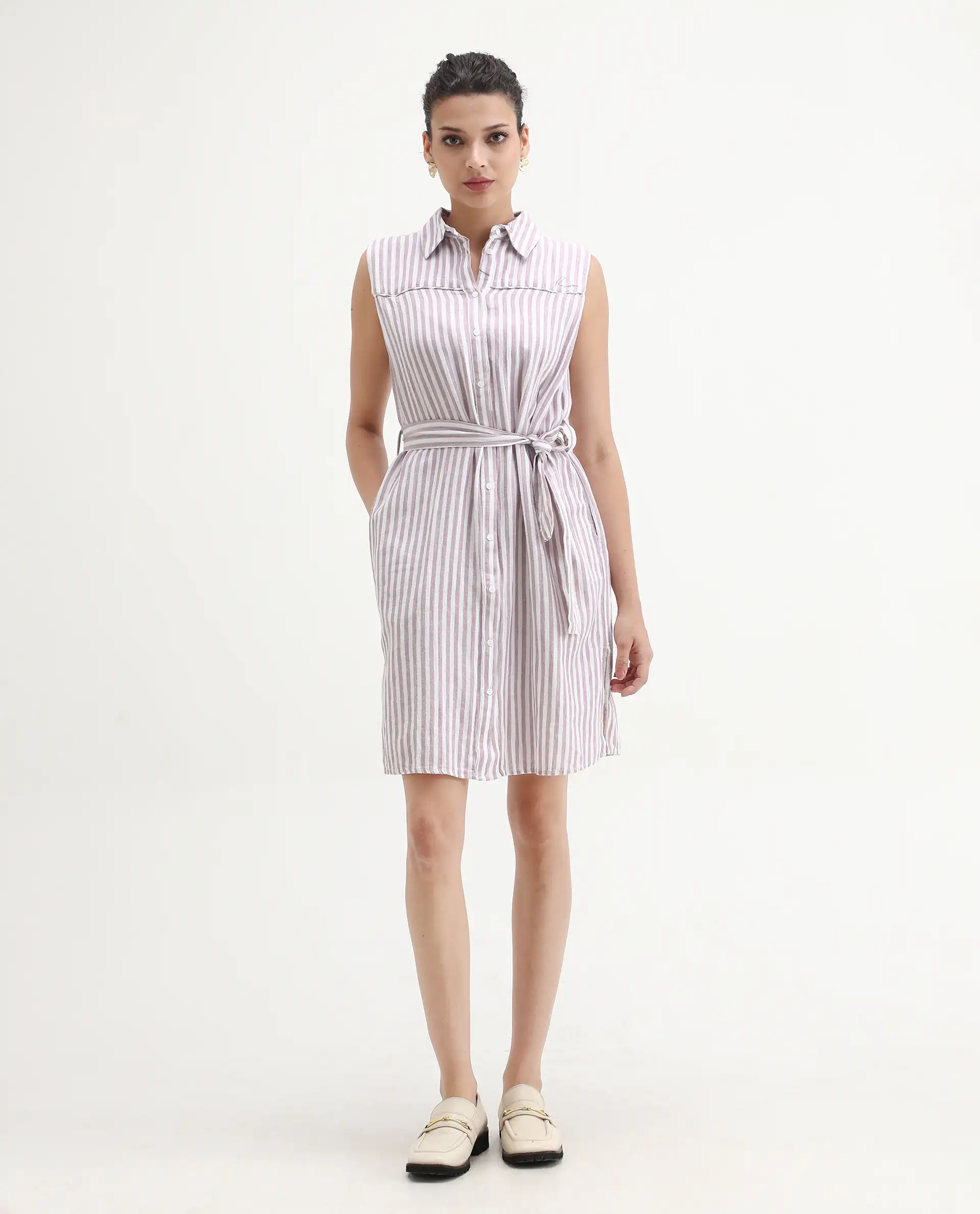 Rareism Women's Divz Purple Linen Spread Collar Striped Sleeveless Knee Length Regular Fit Dress - Image 2