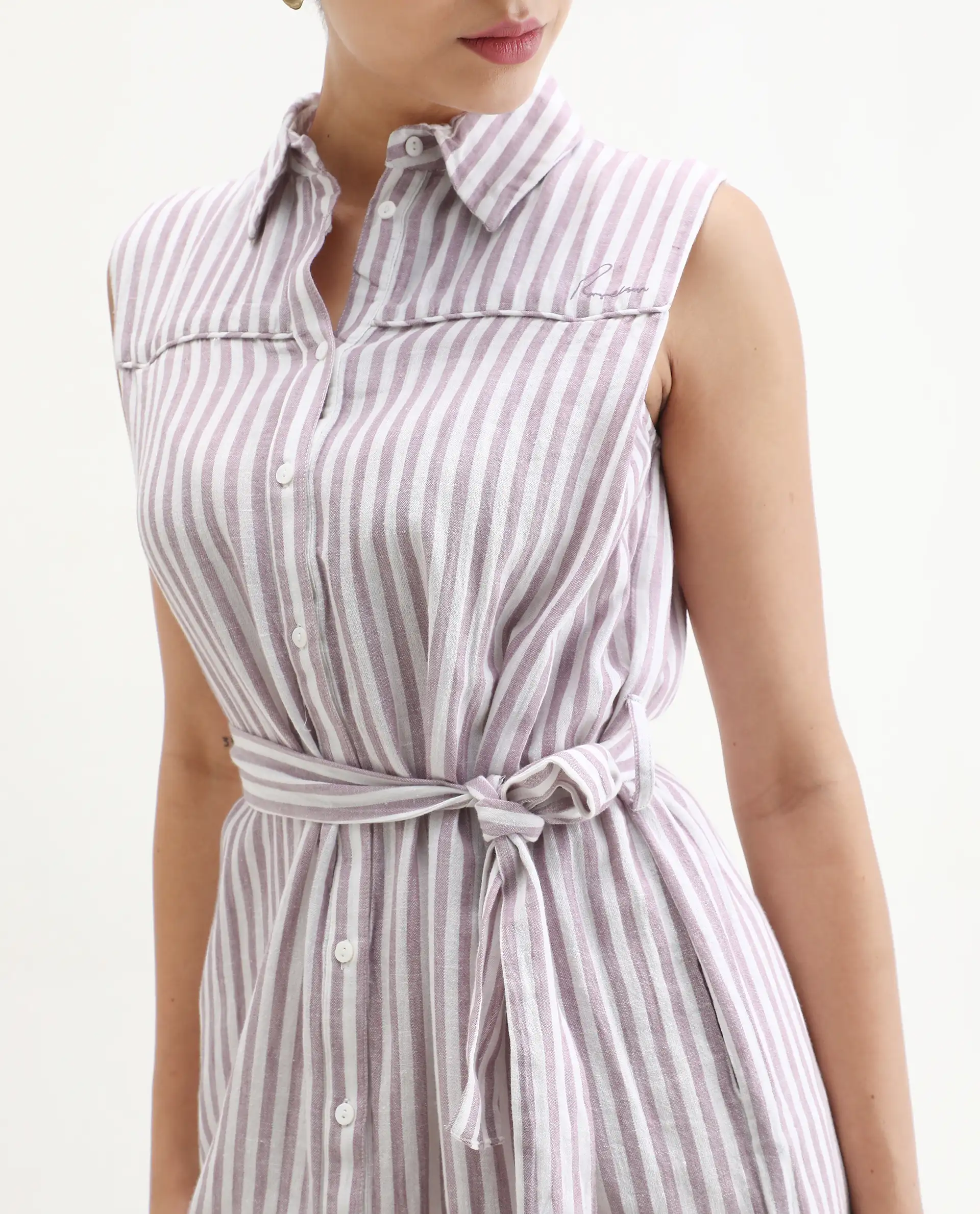 Rareism Women's Divz Purple Linen Spread Collar Striped Sleeveless Knee Length Regular Fit Dress - Image 3