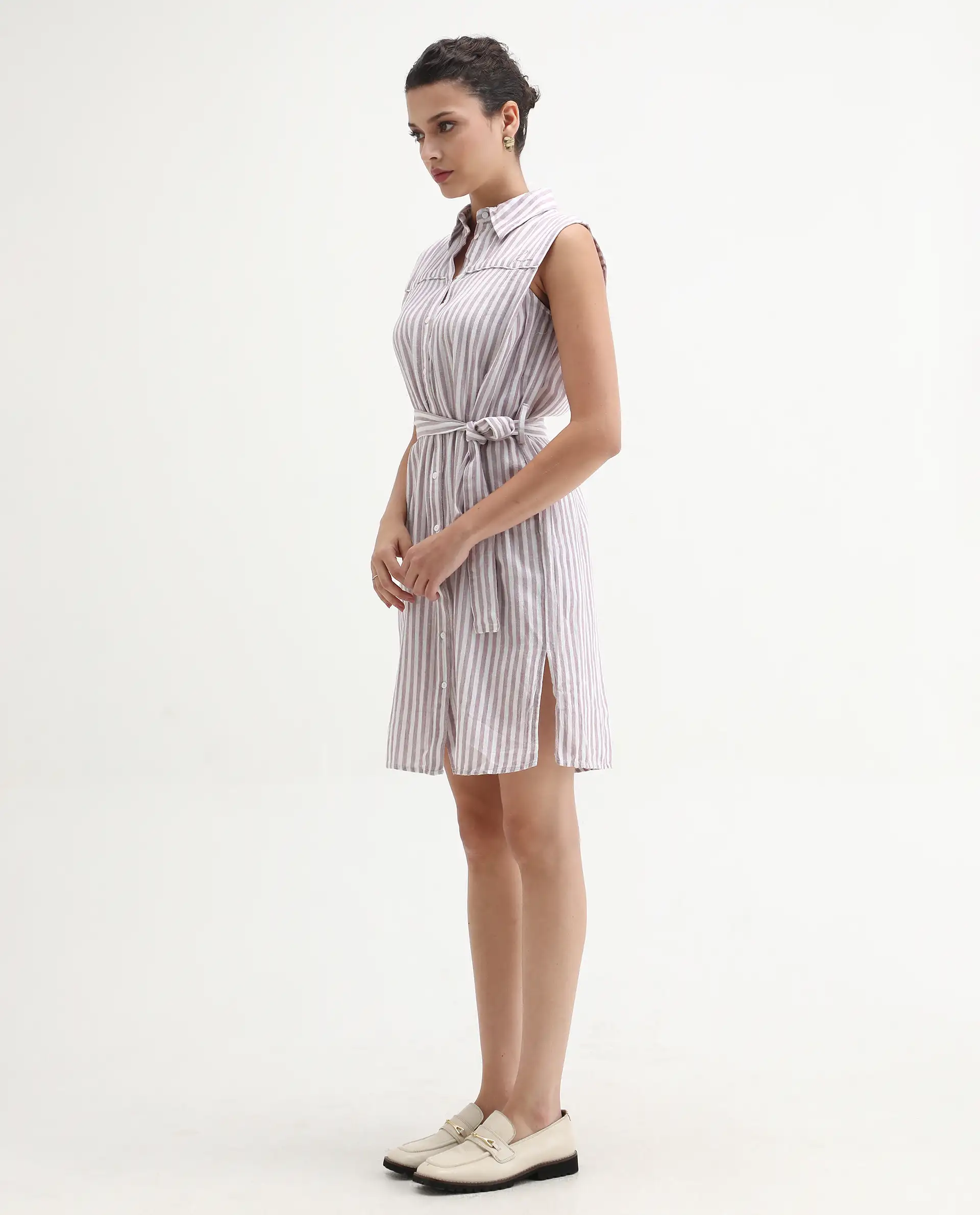 Rareism Women's Divz Purple Linen Spread Collar Striped Sleeveless Knee Length Regular Fit Dress - Image 5