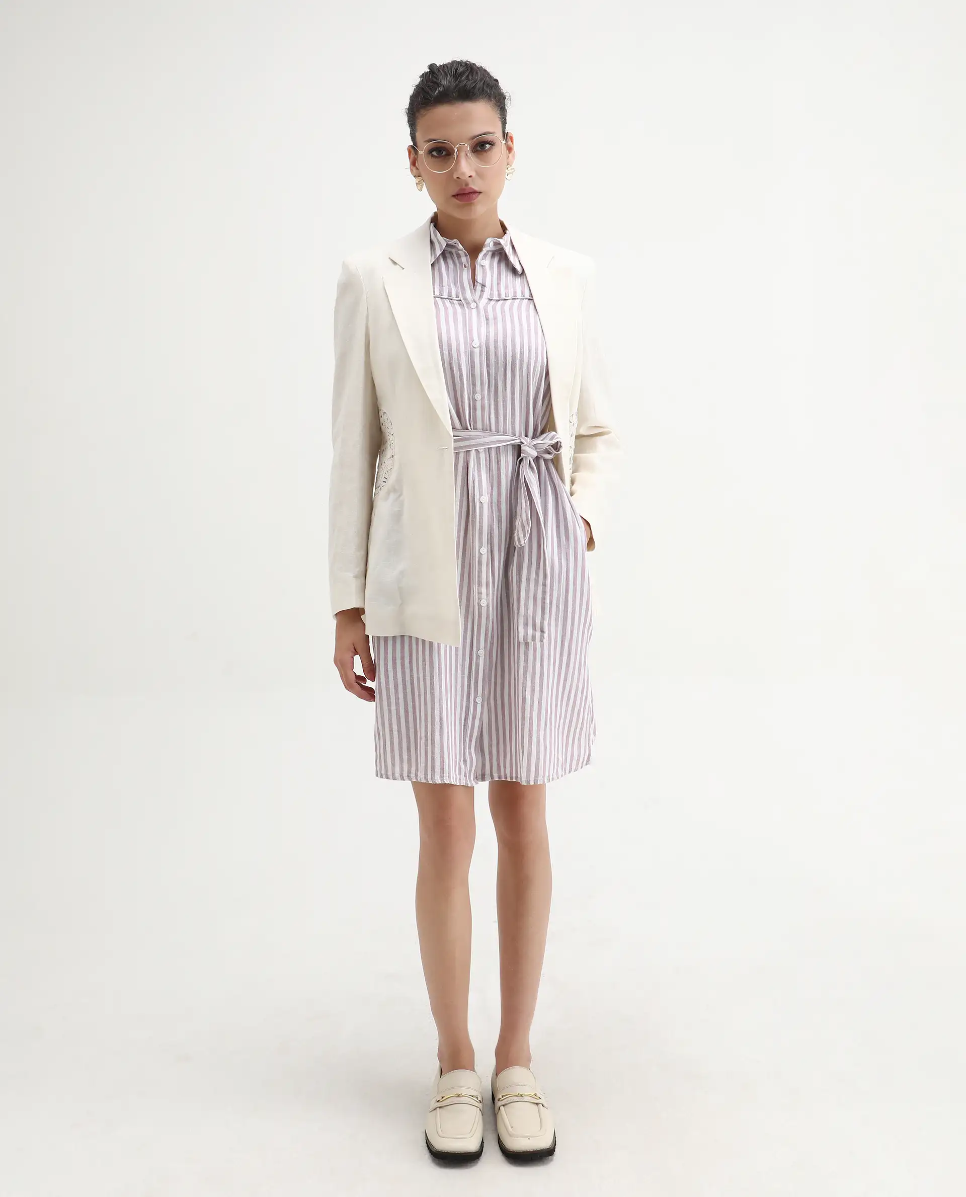 Rareism Women's Divz Purple Linen Spread Collar Striped Sleeveless Knee Length Regular Fit Dress - Image 6