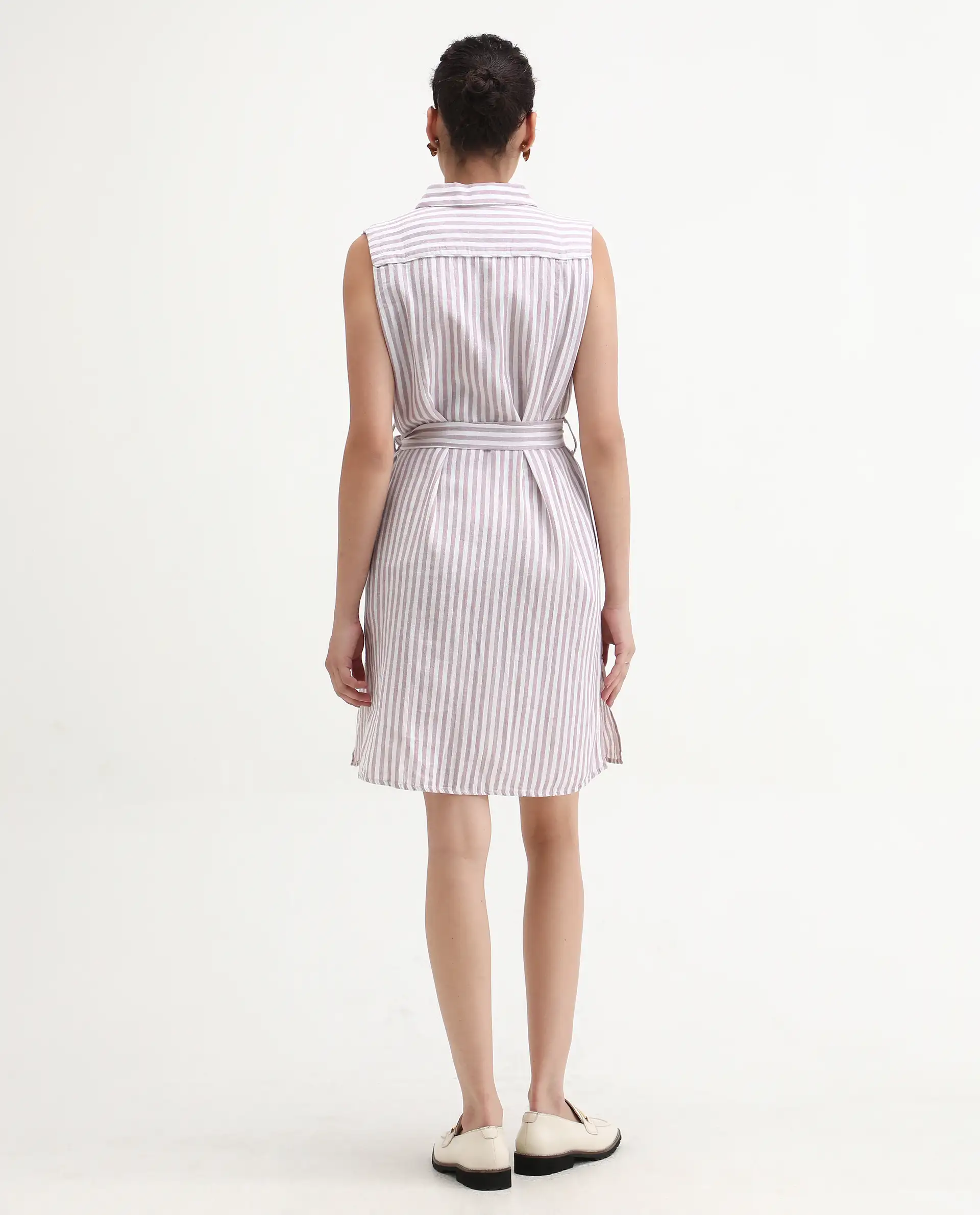 Rareism Women's Divz Purple Linen Spread Collar Striped Sleeveless Knee Length Regular Fit Dress - Image 7