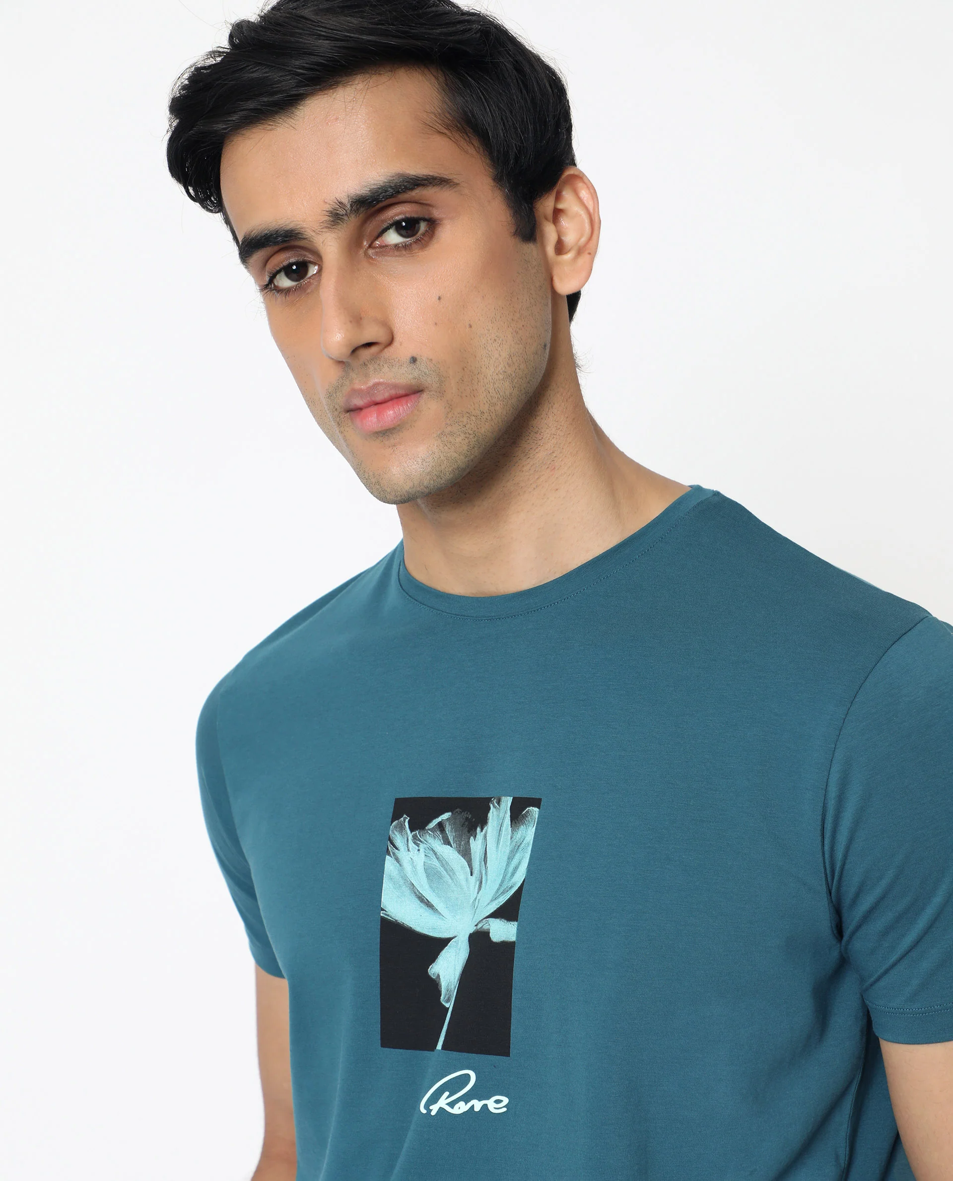 Rare Rabbit Men's Dixie Blue Cotton Graphic Print Slim Fit Half Sleeve Crew Neck T-Shirt