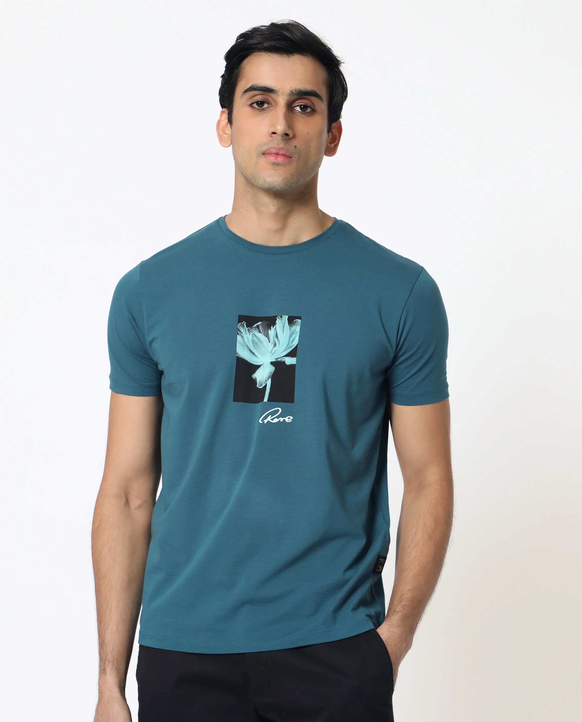 Rare Rabbit Men's Dixie Blue Cotton Graphic Print Slim Fit Half Sleeve Crew Neck T-Shirt - Image 2