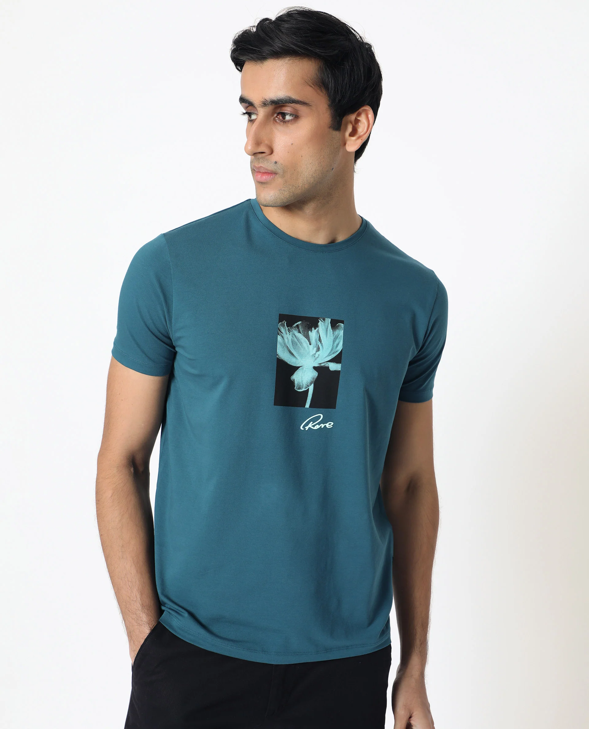 Rare Rabbit Men's Dixie Blue Cotton Graphic Print Slim Fit Half Sleeve Crew Neck T-Shirt - Image 4