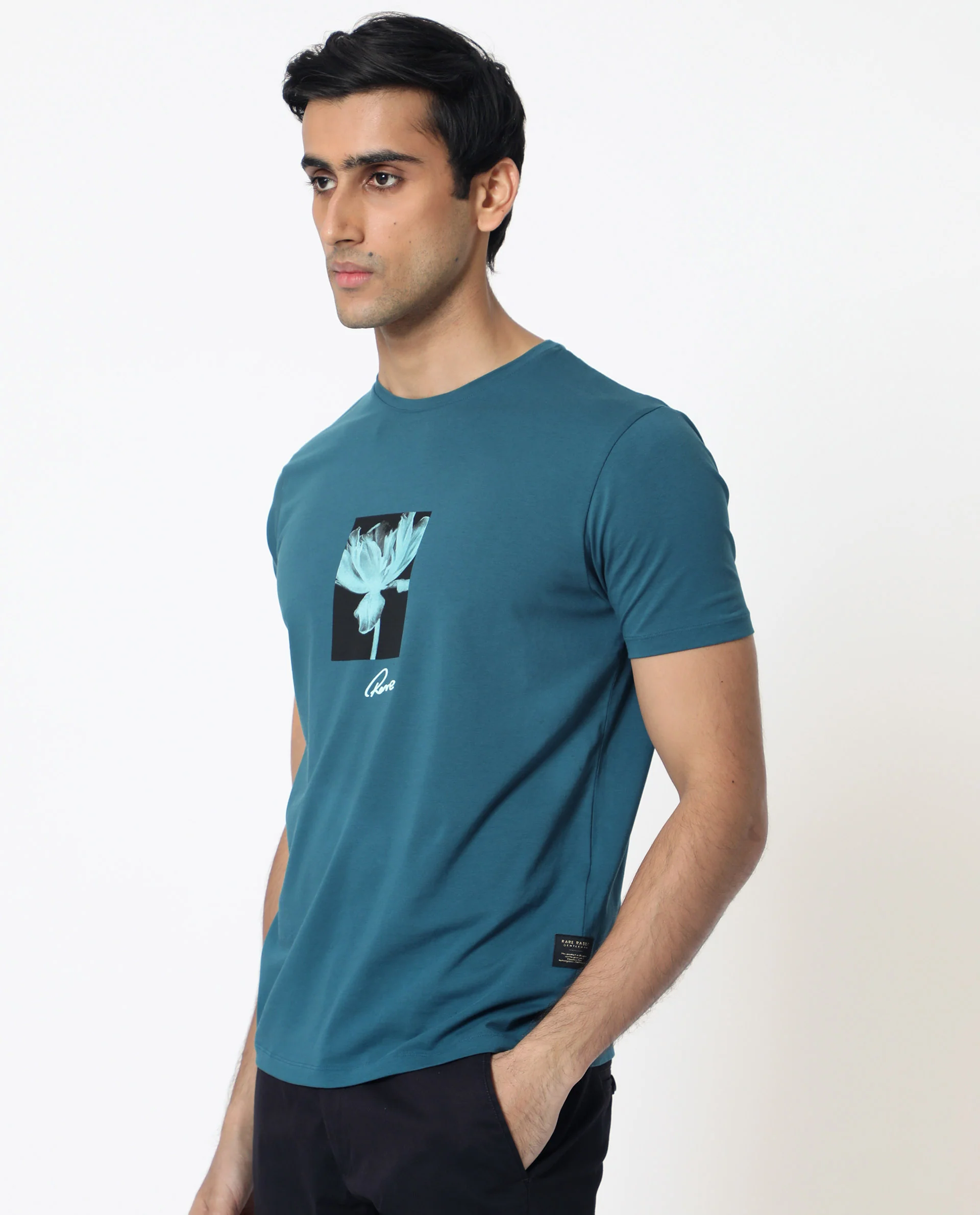 Rare Rabbit Men's Dixie Blue Cotton Graphic Print Slim Fit Half Sleeve Crew Neck T-Shirt - Image 5