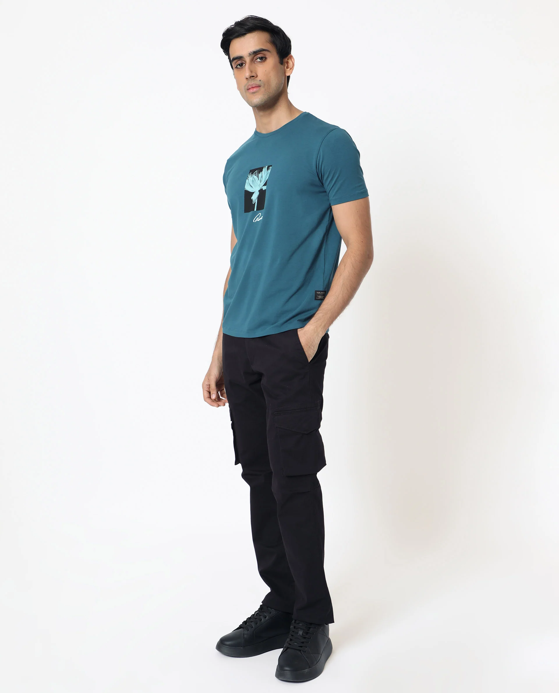 Rare Rabbit Men's Dixie Blue Cotton Graphic Print Slim Fit Half Sleeve Crew Neck T-Shirt - Image 8