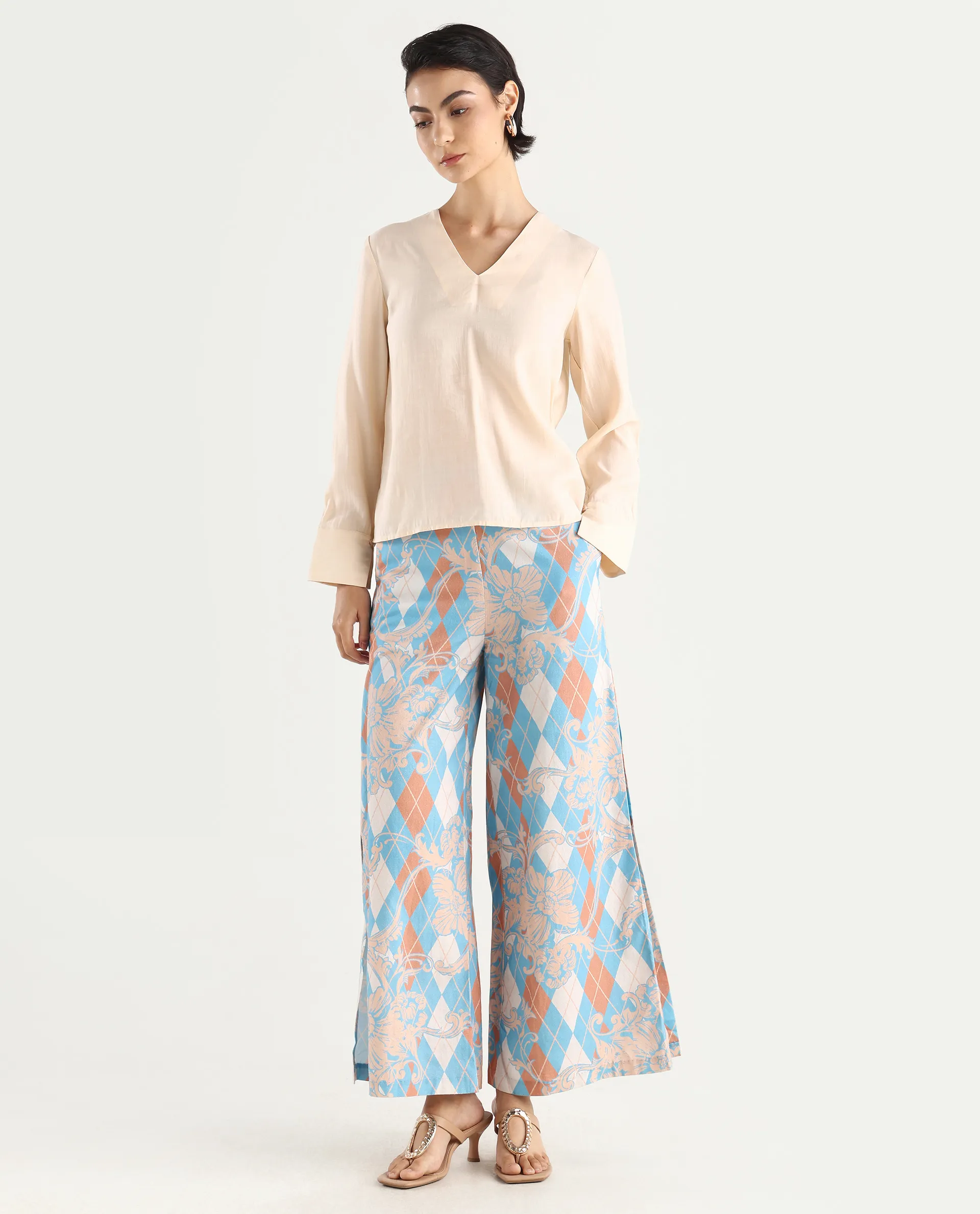 Rareism Women's Diyan Light Multi Polyester Geometric Print Ankle Length Wide Trouser - Image 2