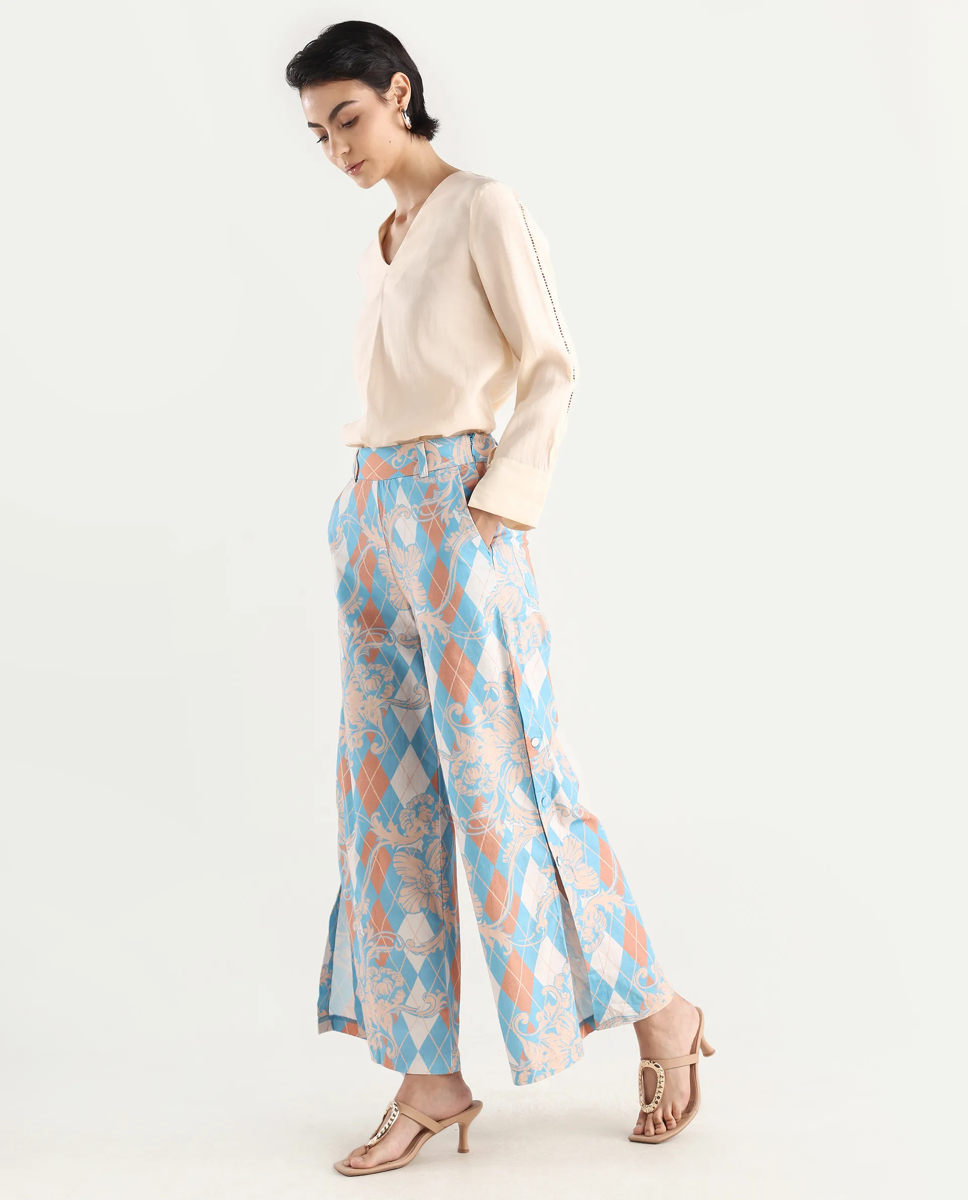 Rareism Women's Diyan Light Multi Polyester Geometric Print Ankle Length Wide Trouser - Image 8