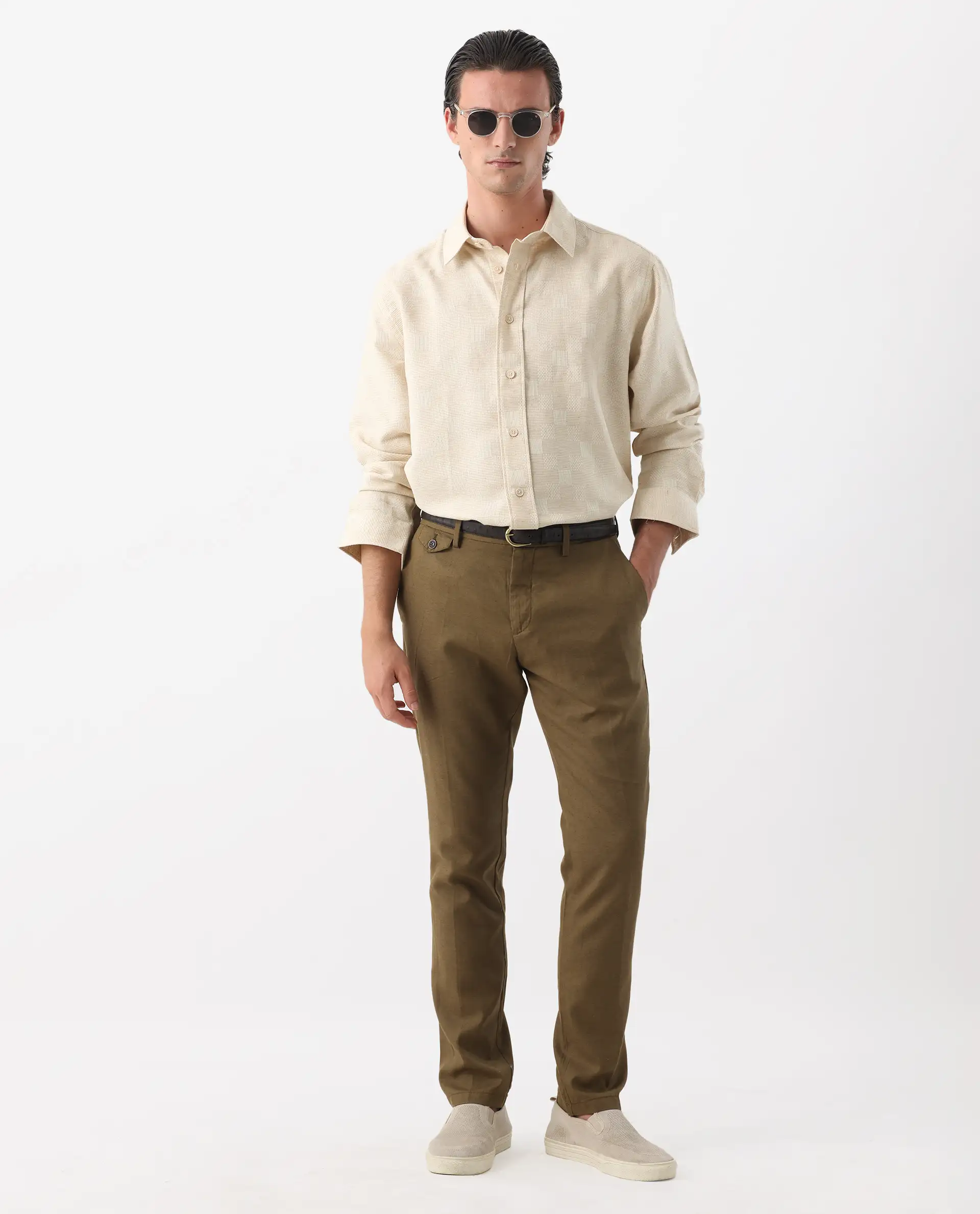 Rare Rabbit Men's Dob Beige Linen Blend Checked Print Regular Fit Full Sleeve Collared Shirt - Image 2