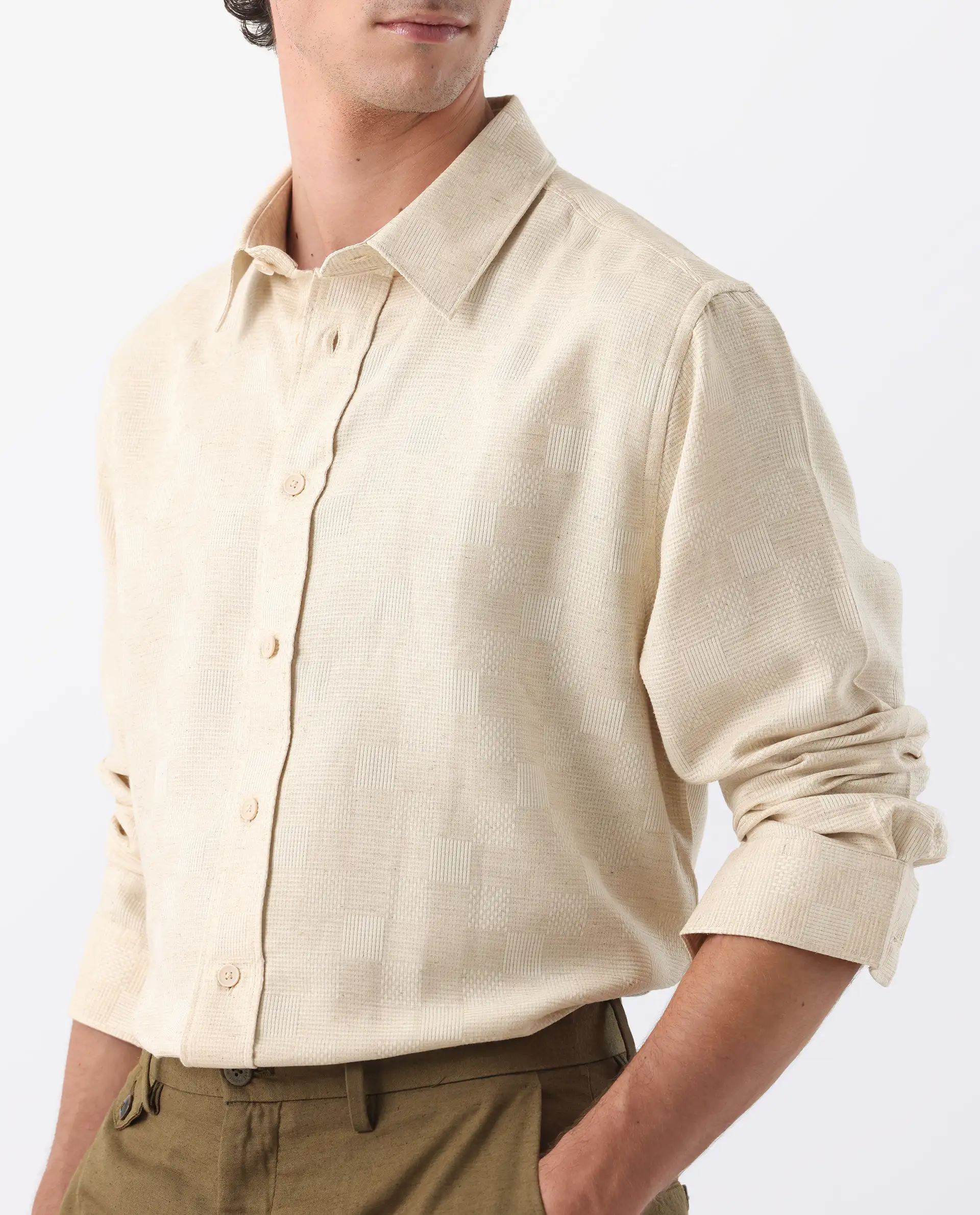 Rare Rabbit Men's Dob Beige Linen Blend Checked Print Regular Fit Full Sleeve Collared Shirt - Image 3