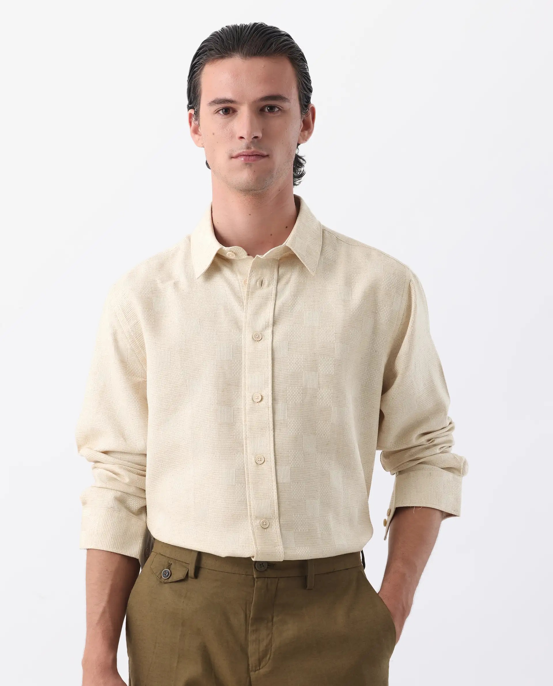 Rare Rabbit Men's Dob Beige Linen Blend Checked Print Regular Fit Full Sleeve Collared Shirt - Image 5