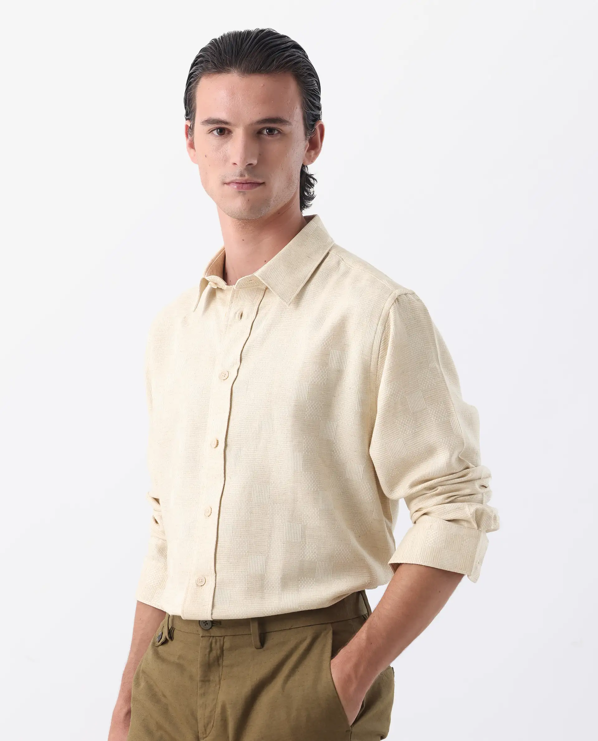 Rare Rabbit Men's Dob Beige Linen Blend Checked Print Regular Fit Full Sleeve Collared Shirt - Image 6