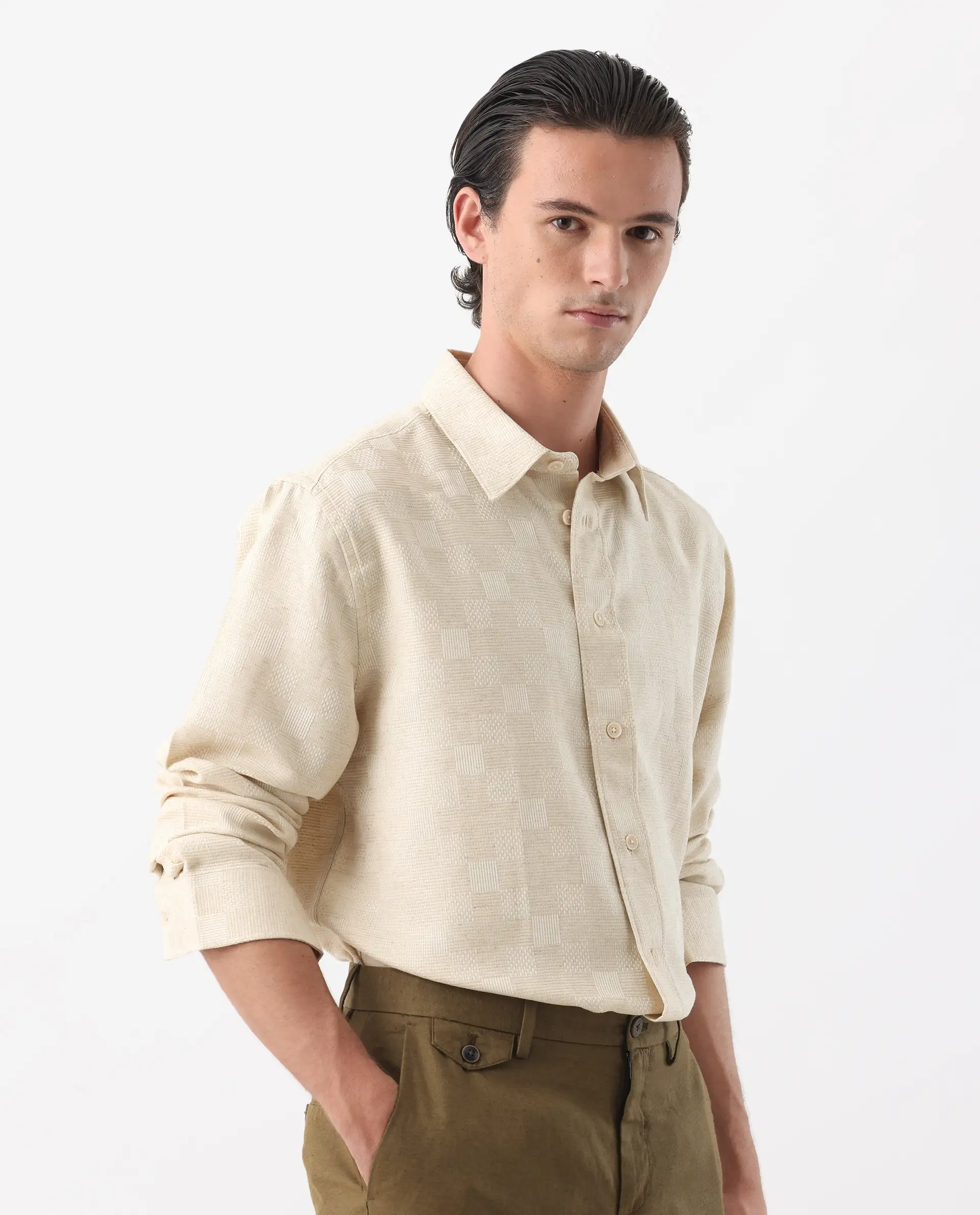 Rare Rabbit Men's Dob Beige Linen Blend Checked Print Regular Fit Full Sleeve Collared Shirt - Image 7