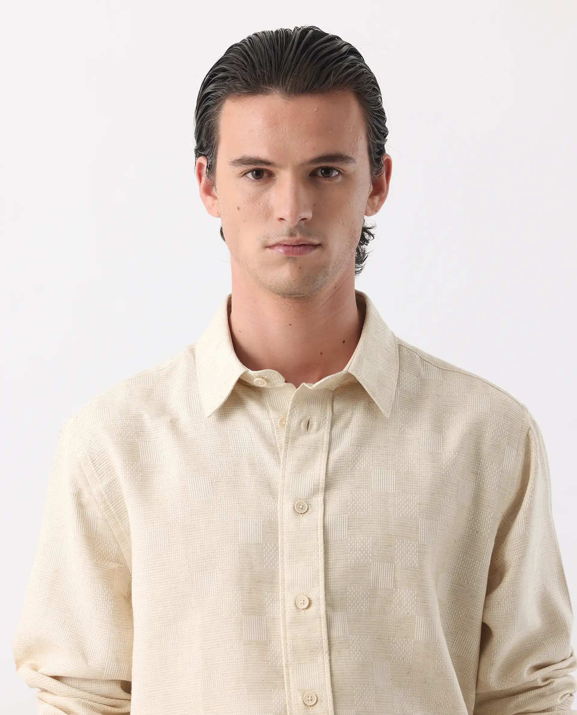 Rare Rabbit Men's Dob Beige Linen Blend Checked Print Regular Fit Full Sleeve Collared Shirt - Image 8