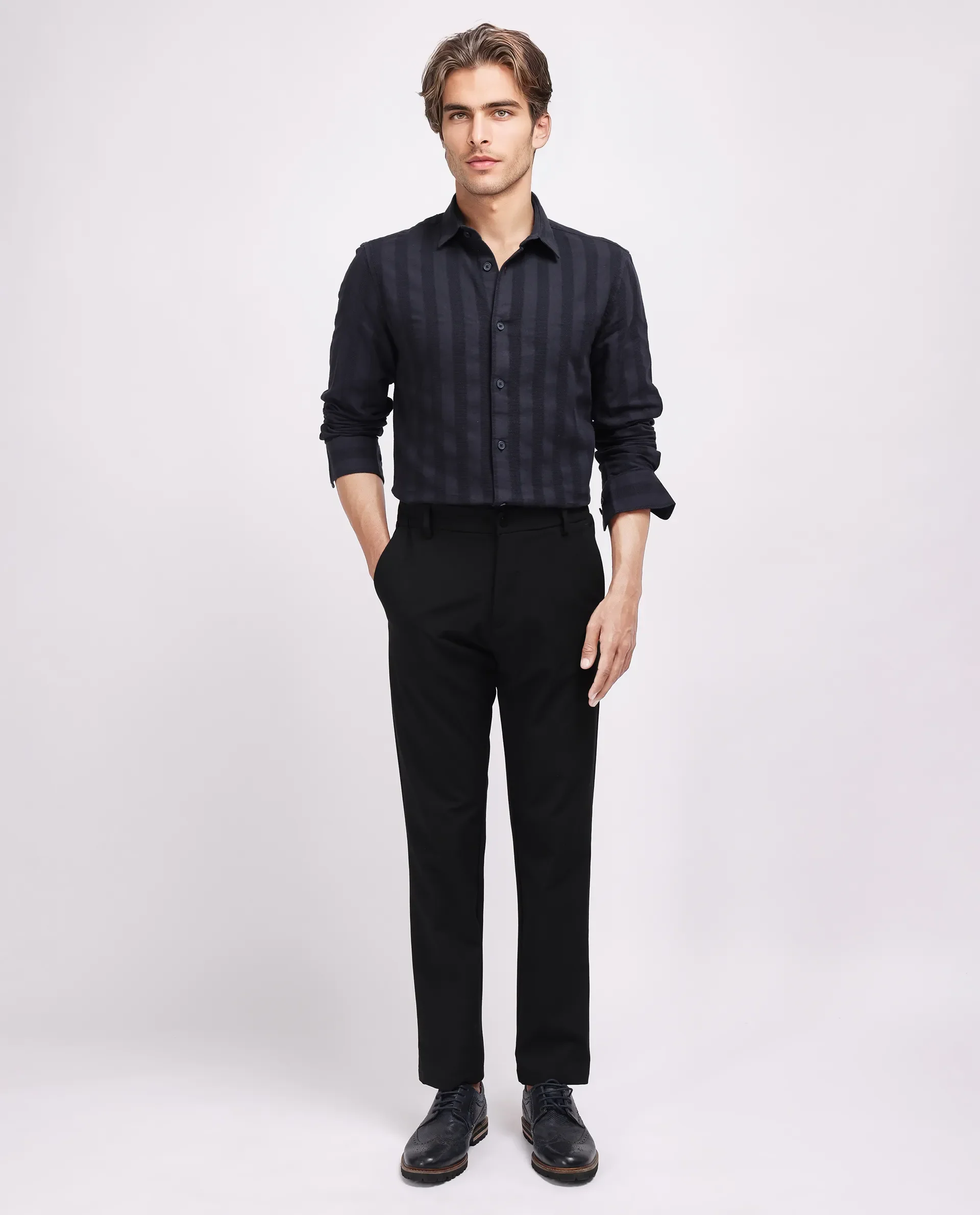 Rare Rabbit Men's Dobbiz Black Cotton Striped Print Regular Fit Half Sleeve Collared Shirt - Image 2