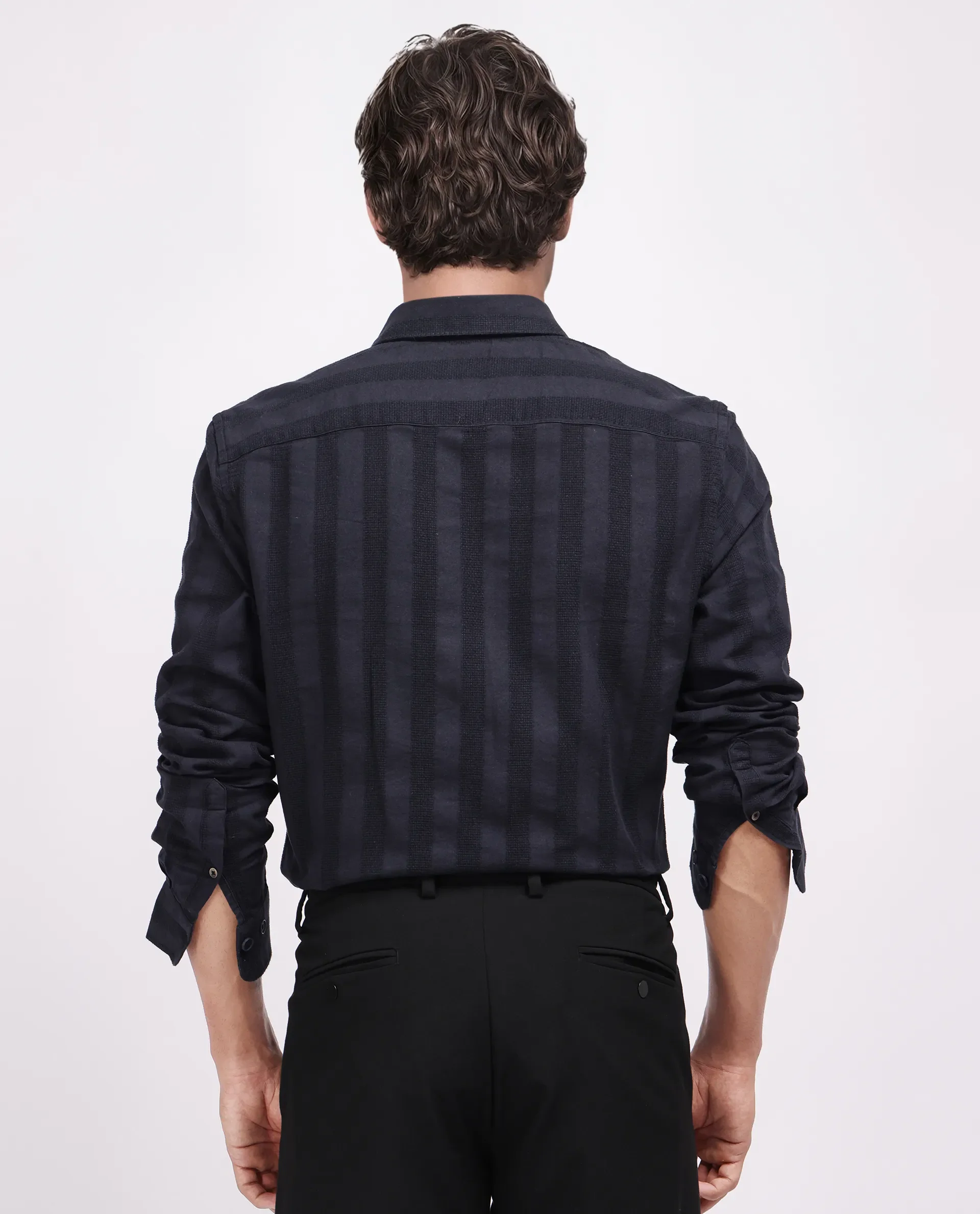 Rare Rabbit Men's Dobbiz Black Cotton Striped Print Regular Fit Half Sleeve Collared Shirt - Image 4