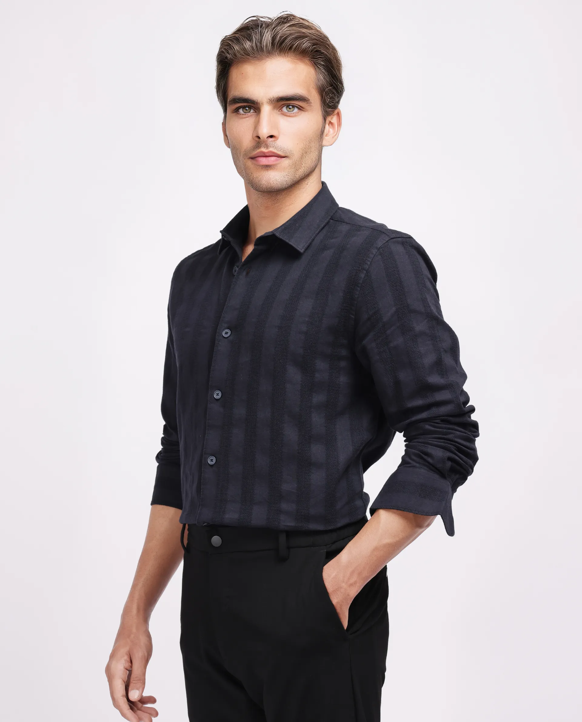 Rare Rabbit Men's Dobbiz Black Cotton Striped Print Regular Fit Half Sleeve Collared Shirt - Image 5