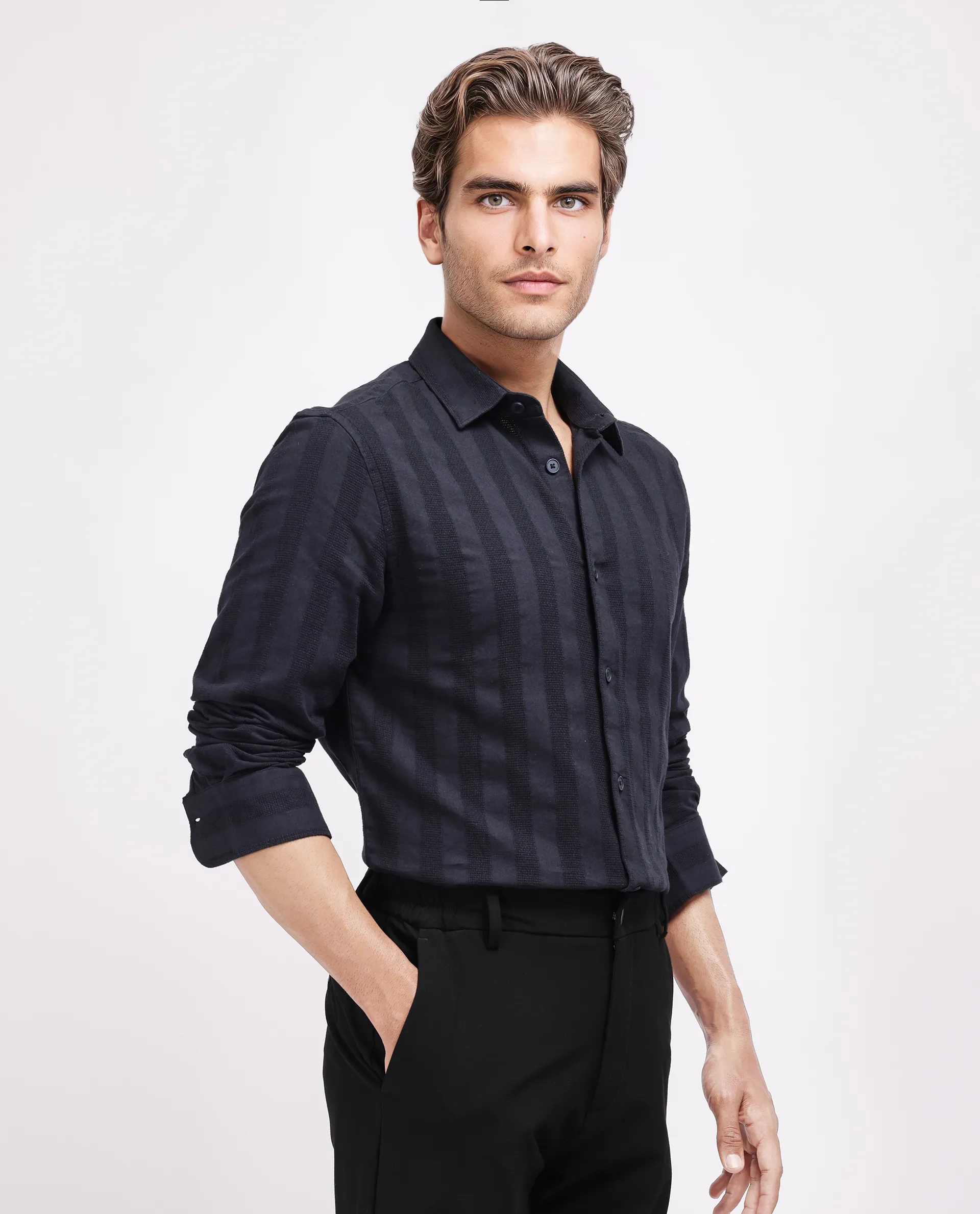 Rare Rabbit Men's Dobbiz Black Cotton Striped Print Regular Fit Half Sleeve Collared Shirt - Image 6