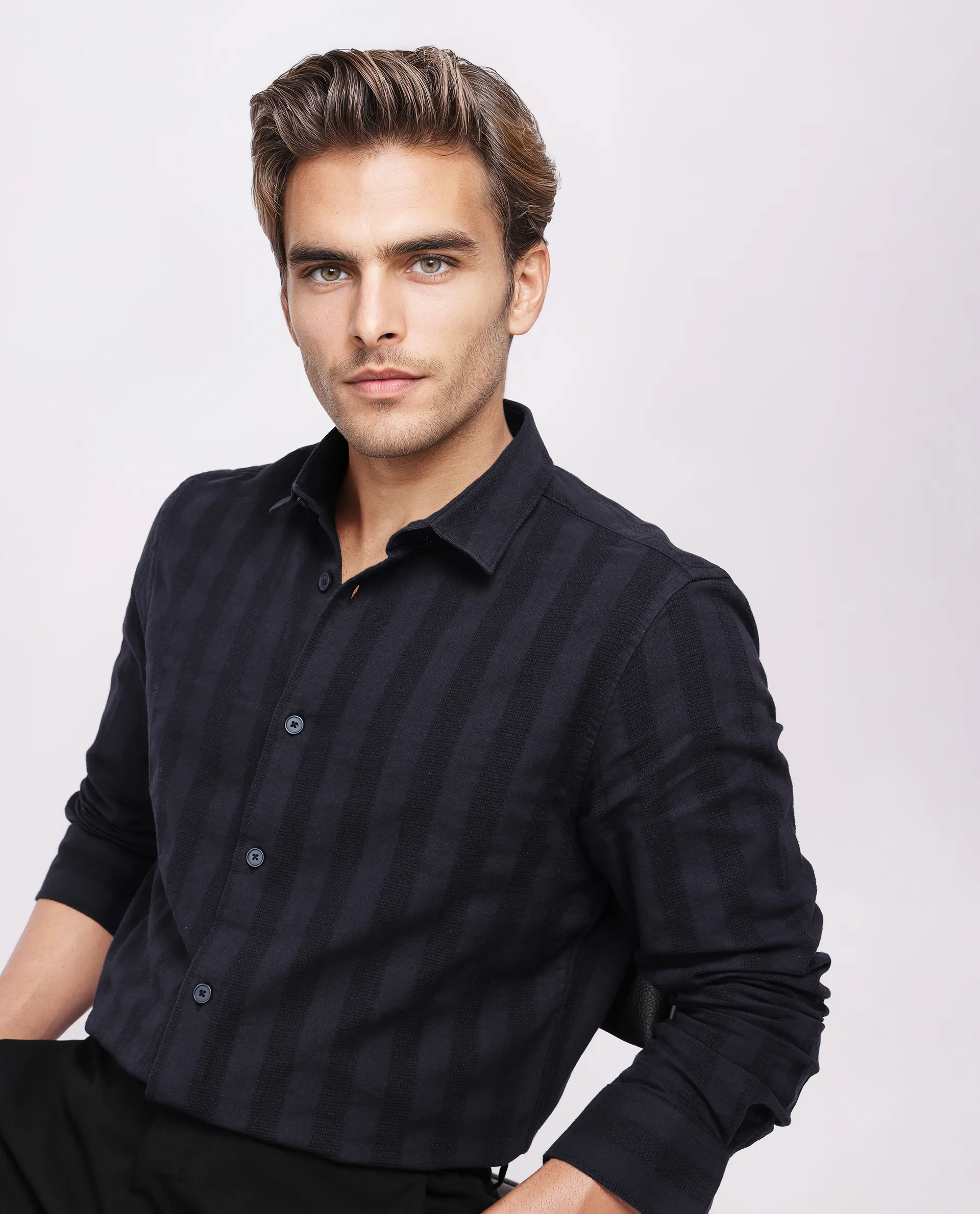 Rare Rabbit Men's Dobbiz Black Cotton Striped Print Regular Fit Half Sleeve Collared Shirt - Image 8