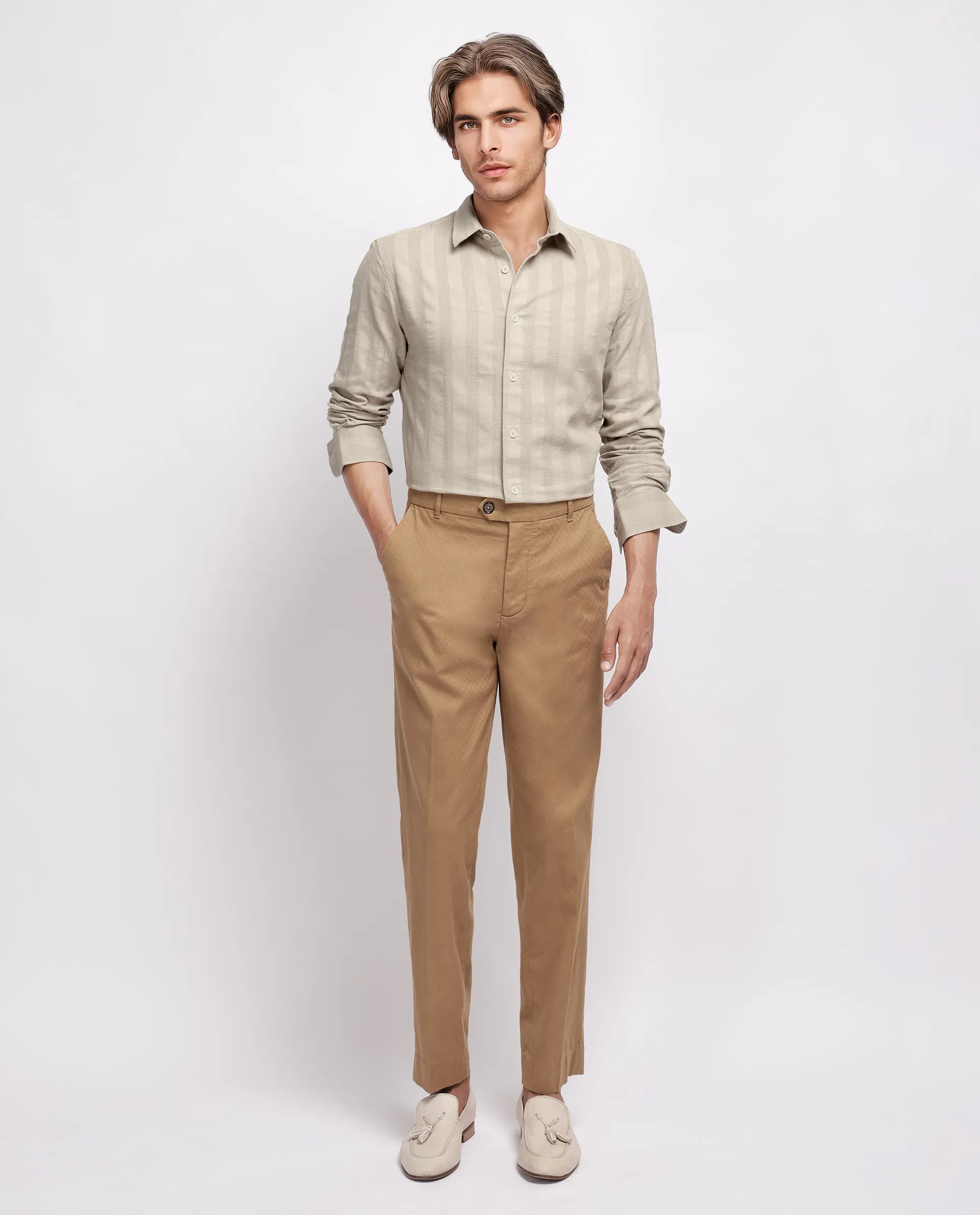 Rare Rabbit Men's Dobbiz Dark Beige Cotton Striped Print Regular Fit Half Sleeve Collared Shirt - Image 2