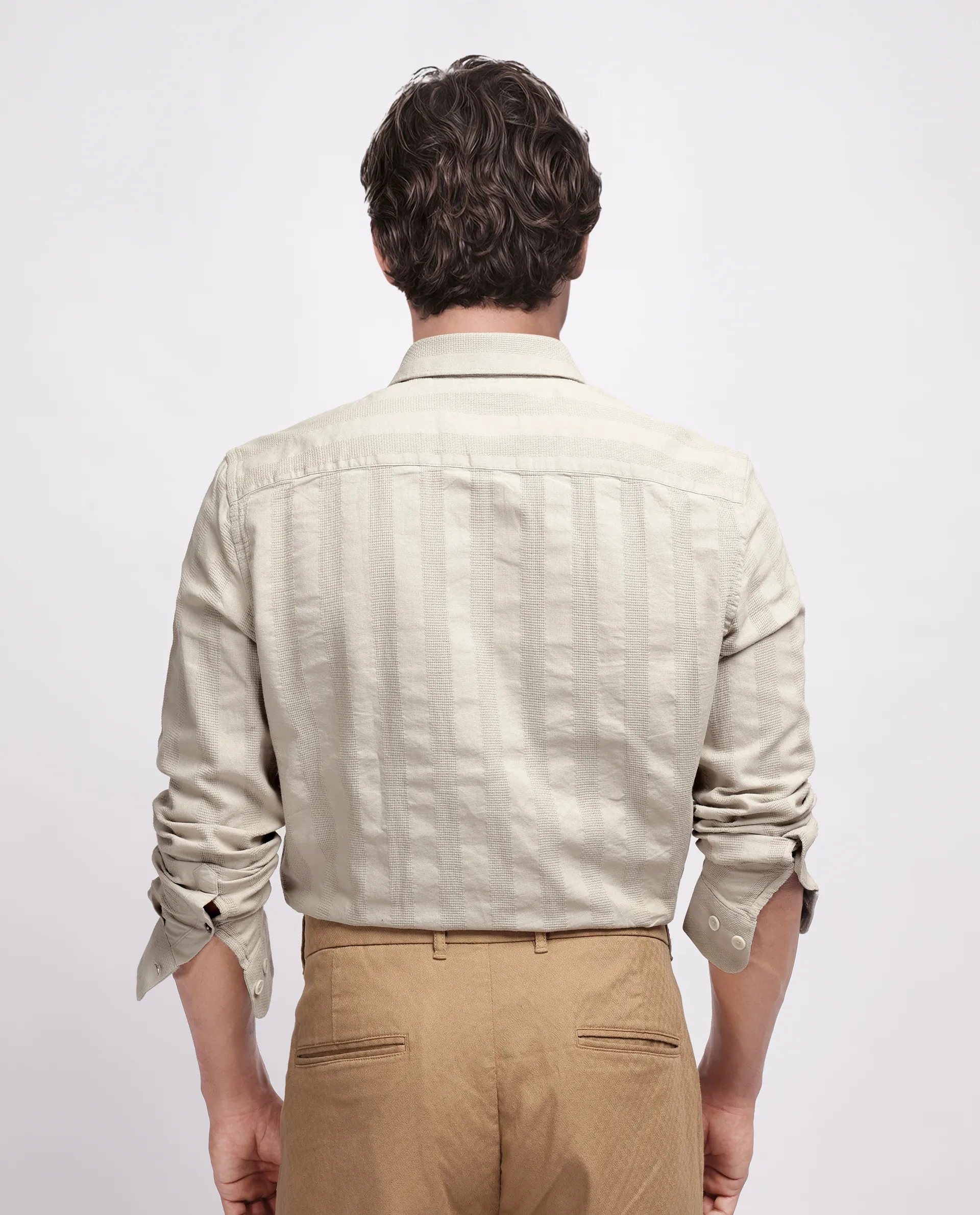 Rare Rabbit Men's Dobbiz Dark Beige Cotton Striped Print Regular Fit Half Sleeve Collared Shirt - Image 4