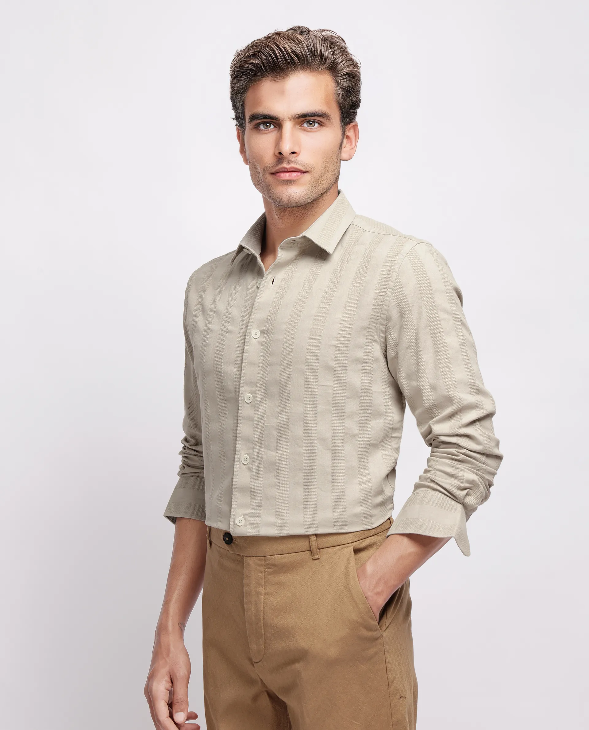 Rare Rabbit Men's Dobbiz Dark Beige Cotton Striped Print Regular Fit Half Sleeve Collared Shirt - Image 5