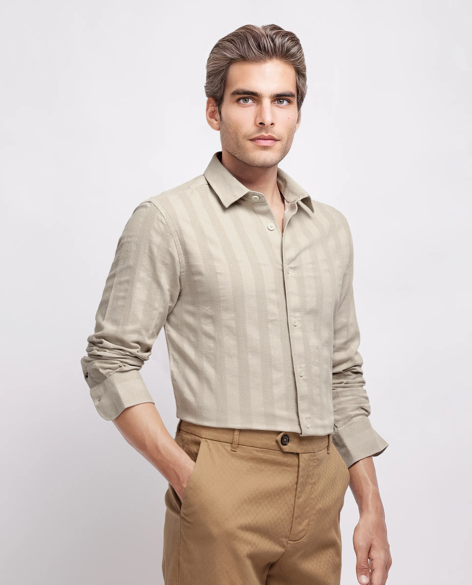 Rare Rabbit Men's Dobbiz Dark Beige Cotton Striped Print Regular Fit Half Sleeve Collared Shirt - Image 6