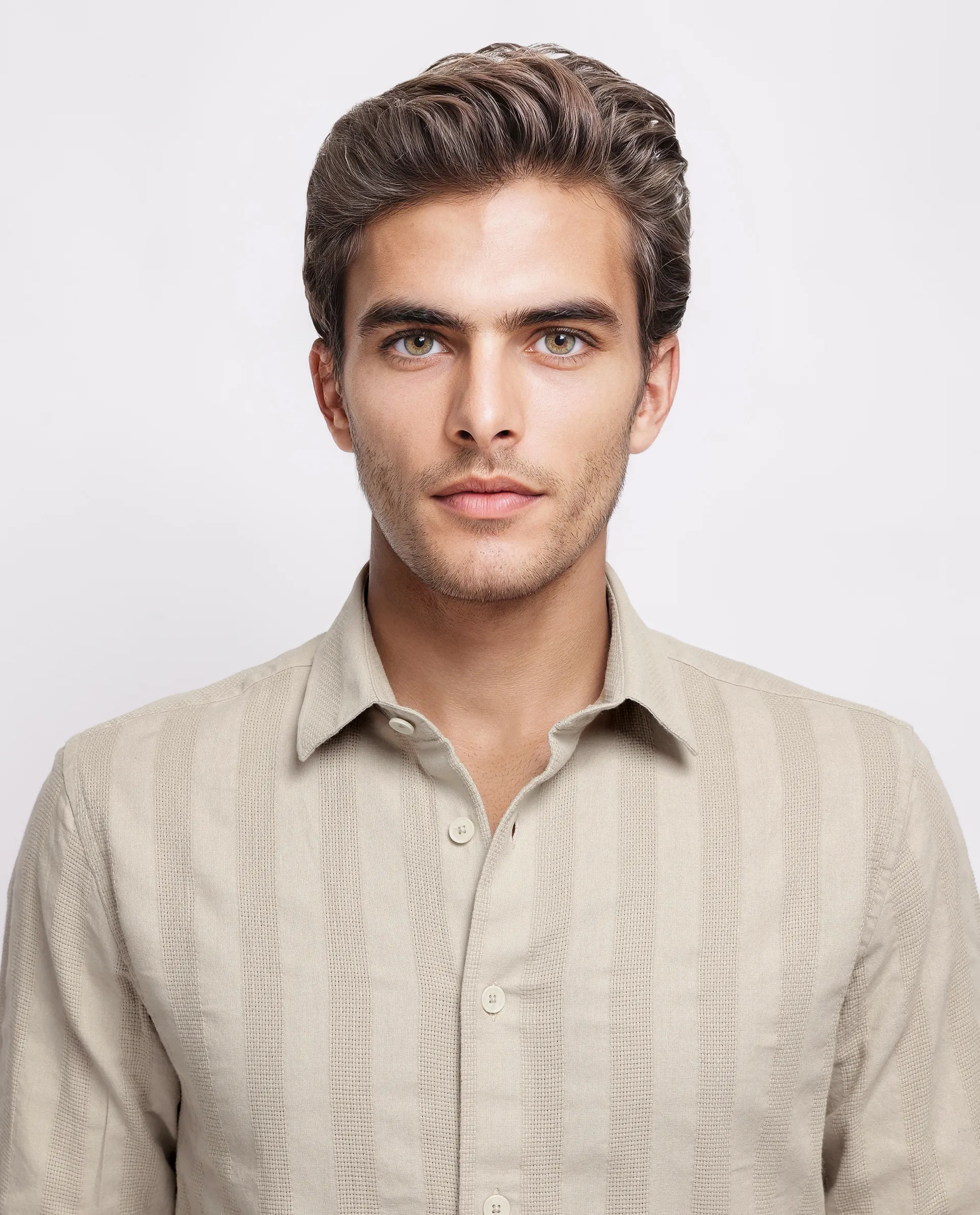 Rare Rabbit Men's Dobbiz Dark Beige Cotton Striped Print Regular Fit Half Sleeve Collared Shirt - Image 7