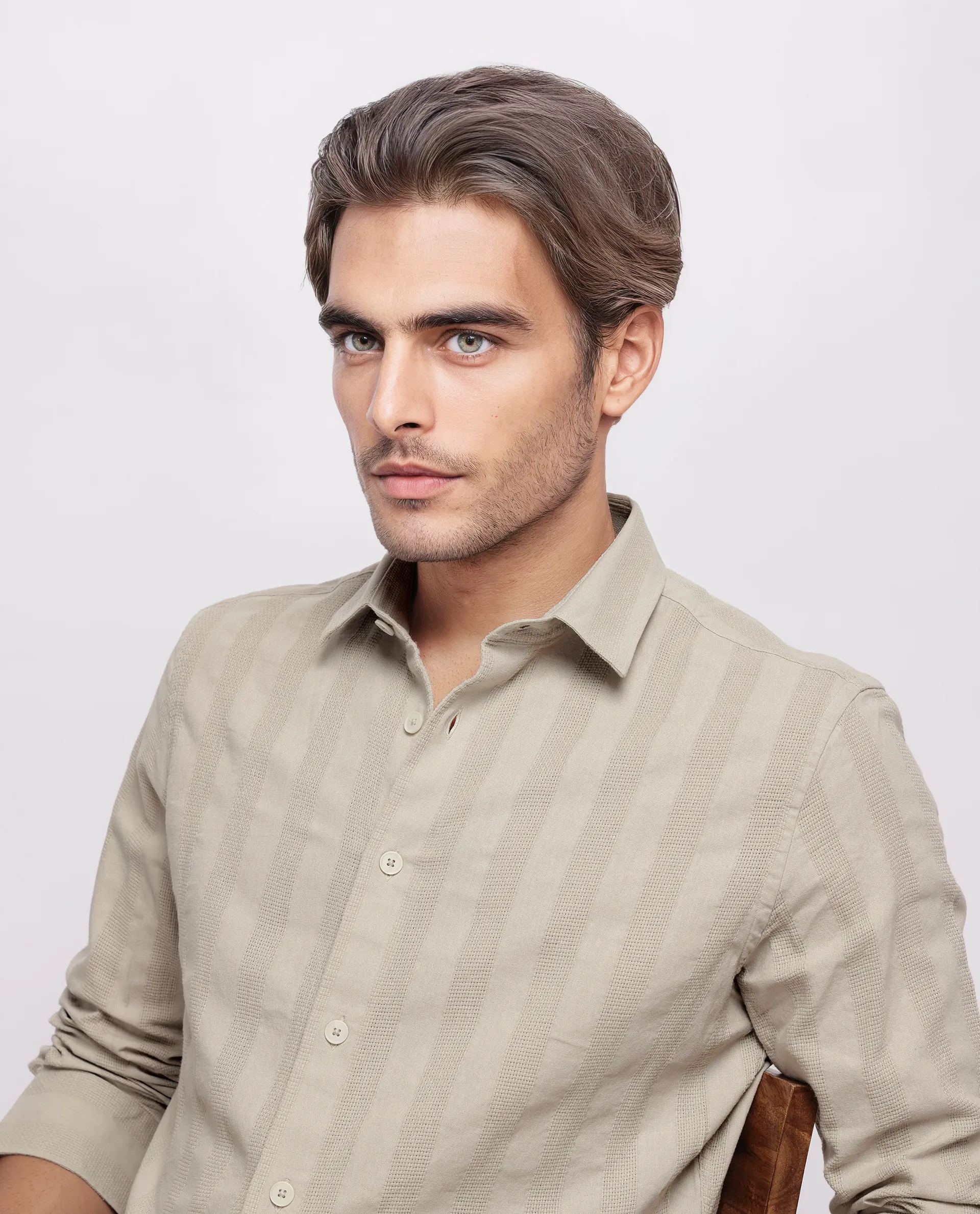 Rare Rabbit Men's Dobbiz Dark Beige Cotton Striped Print Regular Fit Half Sleeve Collared Shirt - Image 8