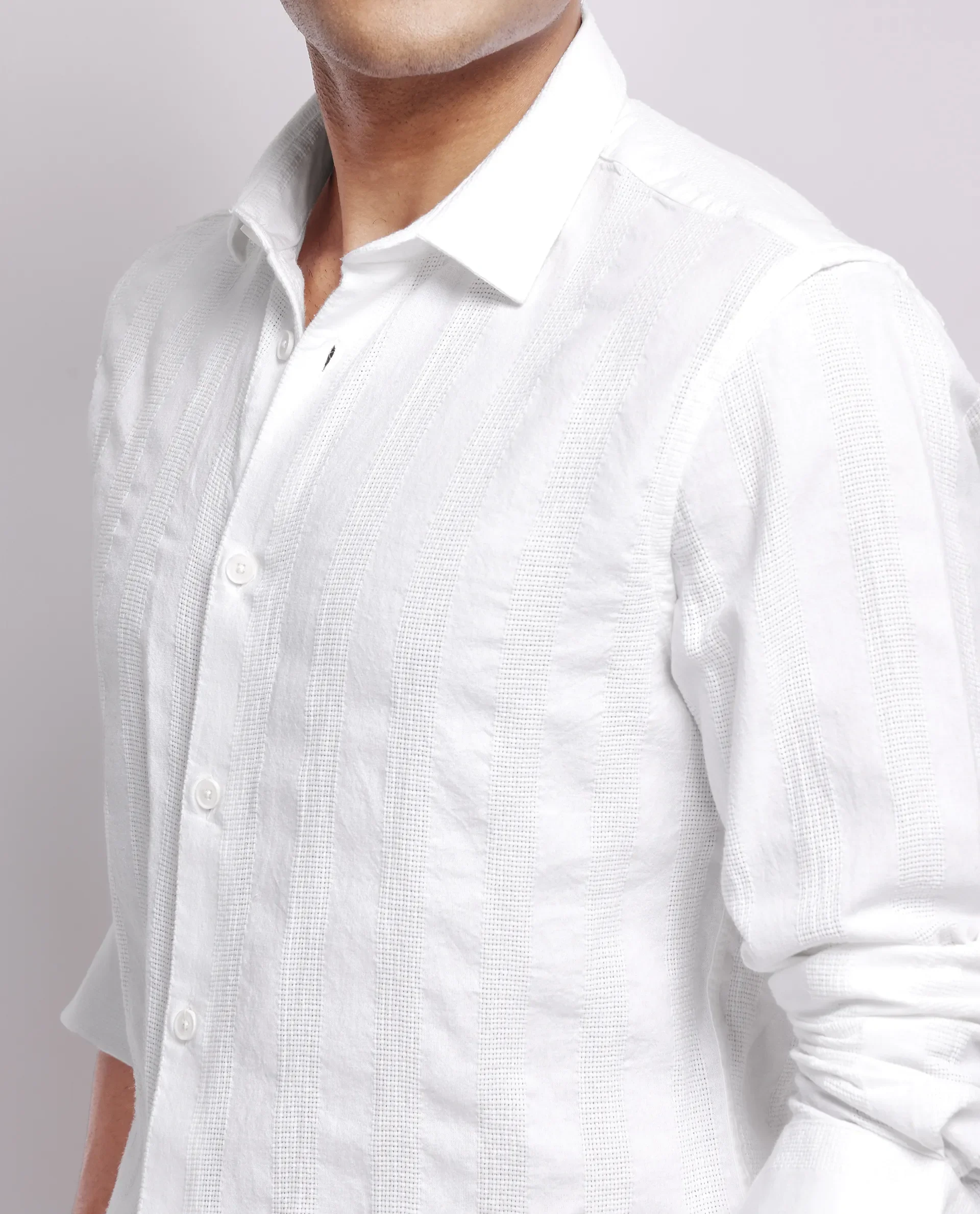 Rare Rabbit Men's Dobbiz White Cotton Striped Print Regular Fit Full Sleeve Collared Shirt - Image 3